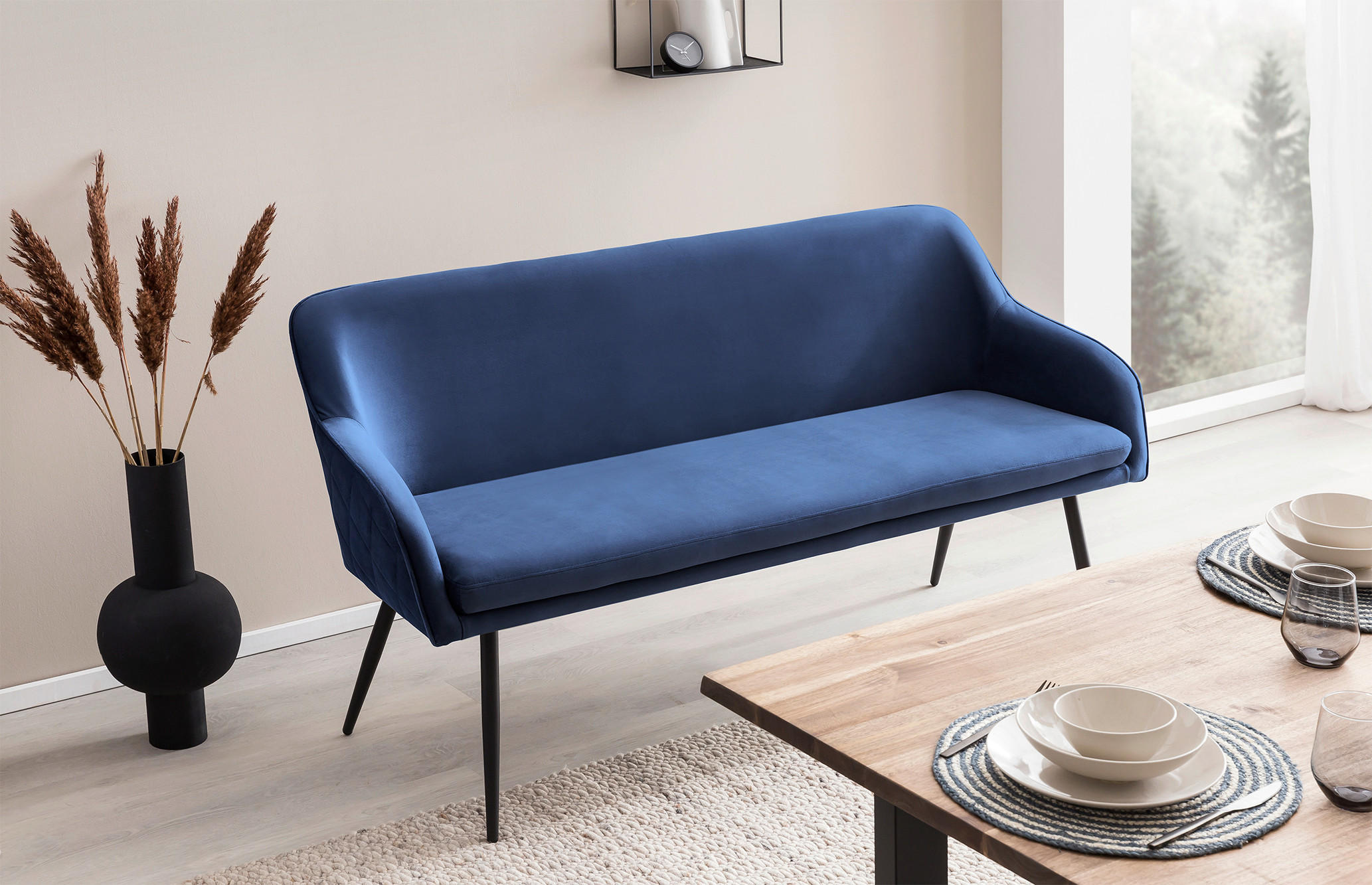 SITZBANK 160/85/61 cm Samt Blau Metall  - Blau/Schwarz, MODERN, Textil/Metall (160/85/61cm) - Livetastic