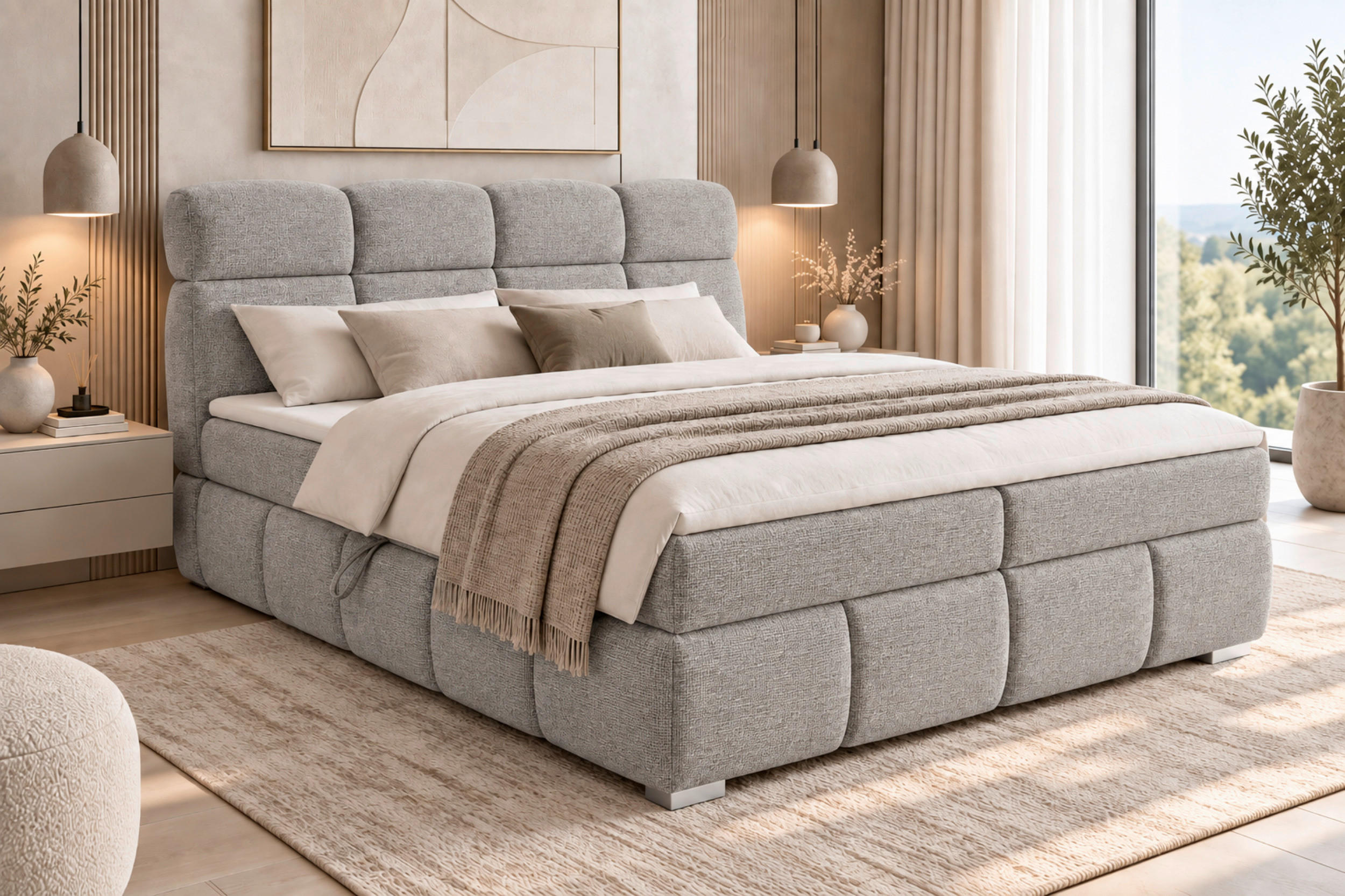 BOXBETT 140/200 cm,  in Graubraun, Bettkasten, Topper,  - Chromfarben/Graubraun, MODERN, Holz/Kunststoff (140/200cm) - MID.YOU