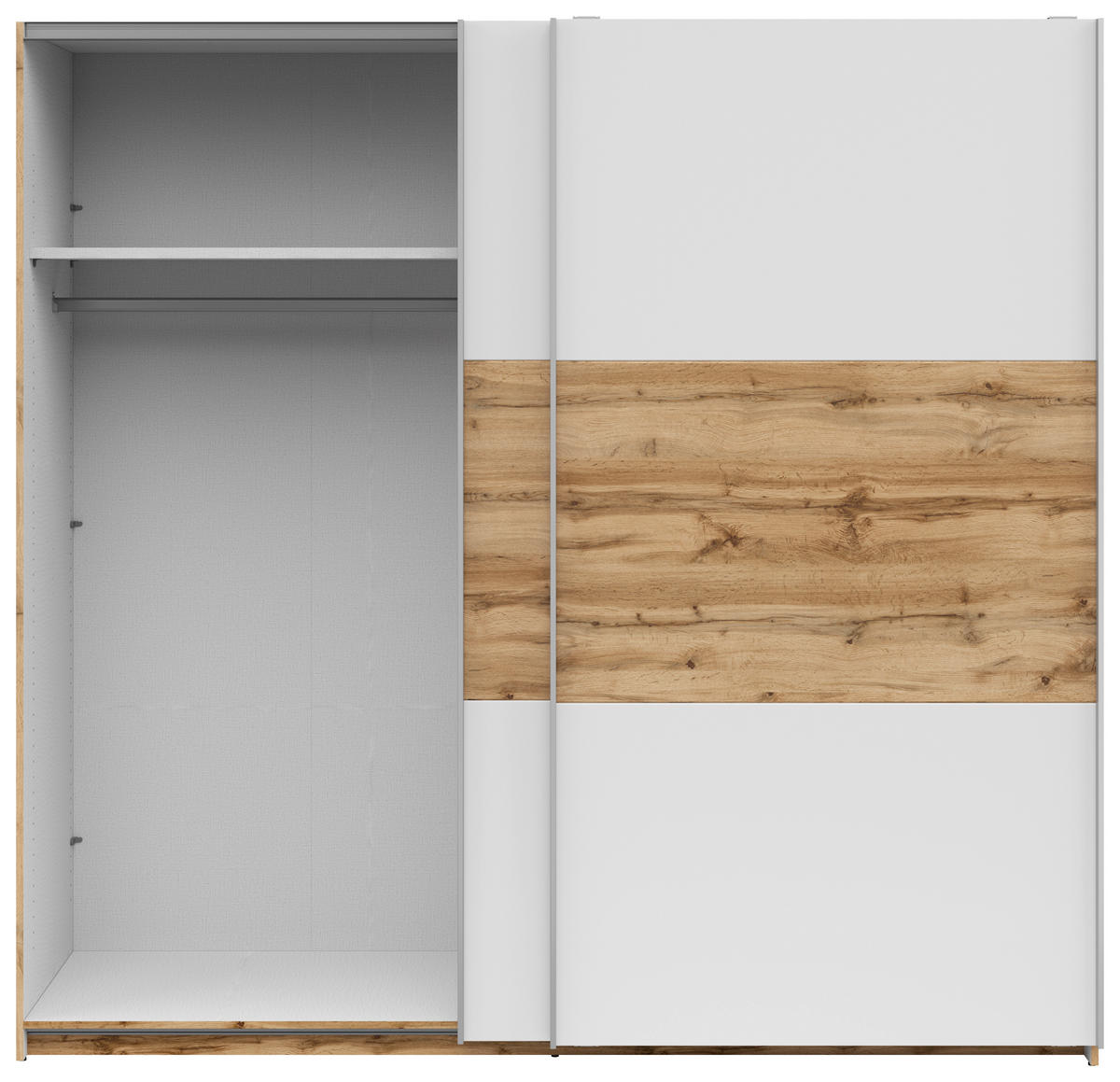 SCHWEBETÜRENSCHRANK 218/210/59 cm 2-türig Weiß, Eiche Wotan  - Silberfarben/Eiche Wotan, KONVENTIONELL, Holzwerkstoff/Metall (218/210/59cm) - Boxxx