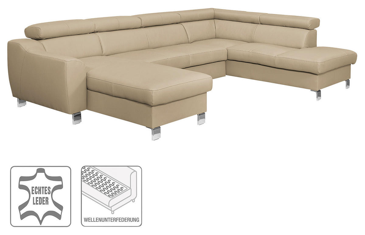 WOHNLANDSCHAFT in Lederlook Echtleder Beige  - Chromfarben/Beige, Design, Leder/Textil (175/315/208cm) - Livetastic