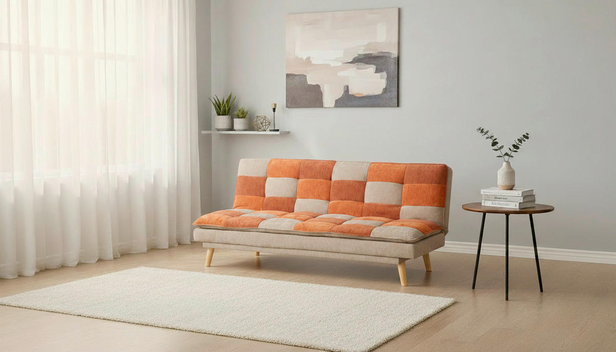SCHLAFSOFA Chenille Orange, Hellbraun, Dunkelorange  - Hellbraun/Dunkelorange, Design, Holz/Textil (180/77/91cm) - MID.YOU