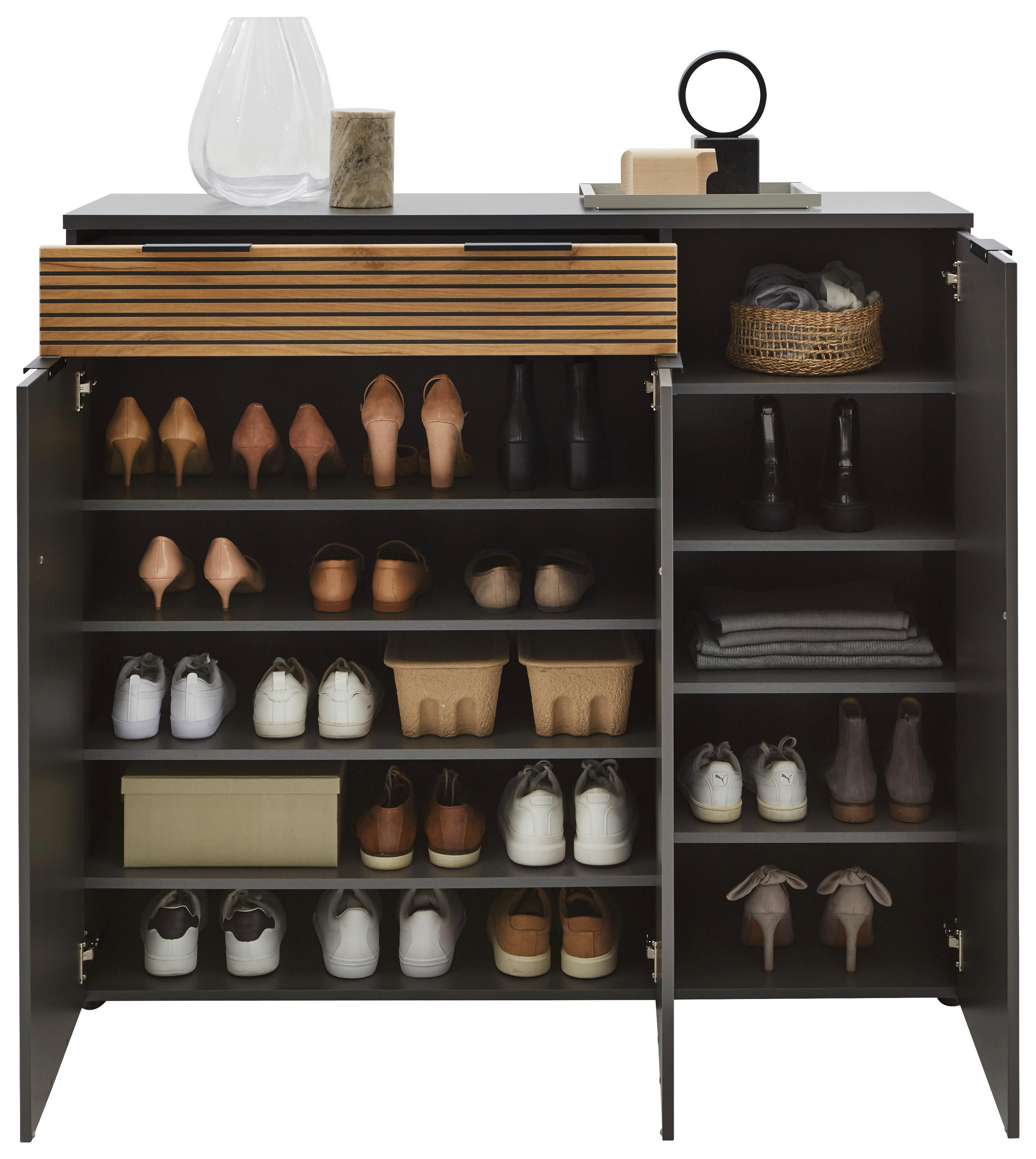 Thumbnail - Voleo Schuhschrank, Graphit, Eiche, Metall, 8 Fächer, 1 Schubladen, 135x120x40 cm, Made in Germany, Beimöbel erhältlich,...