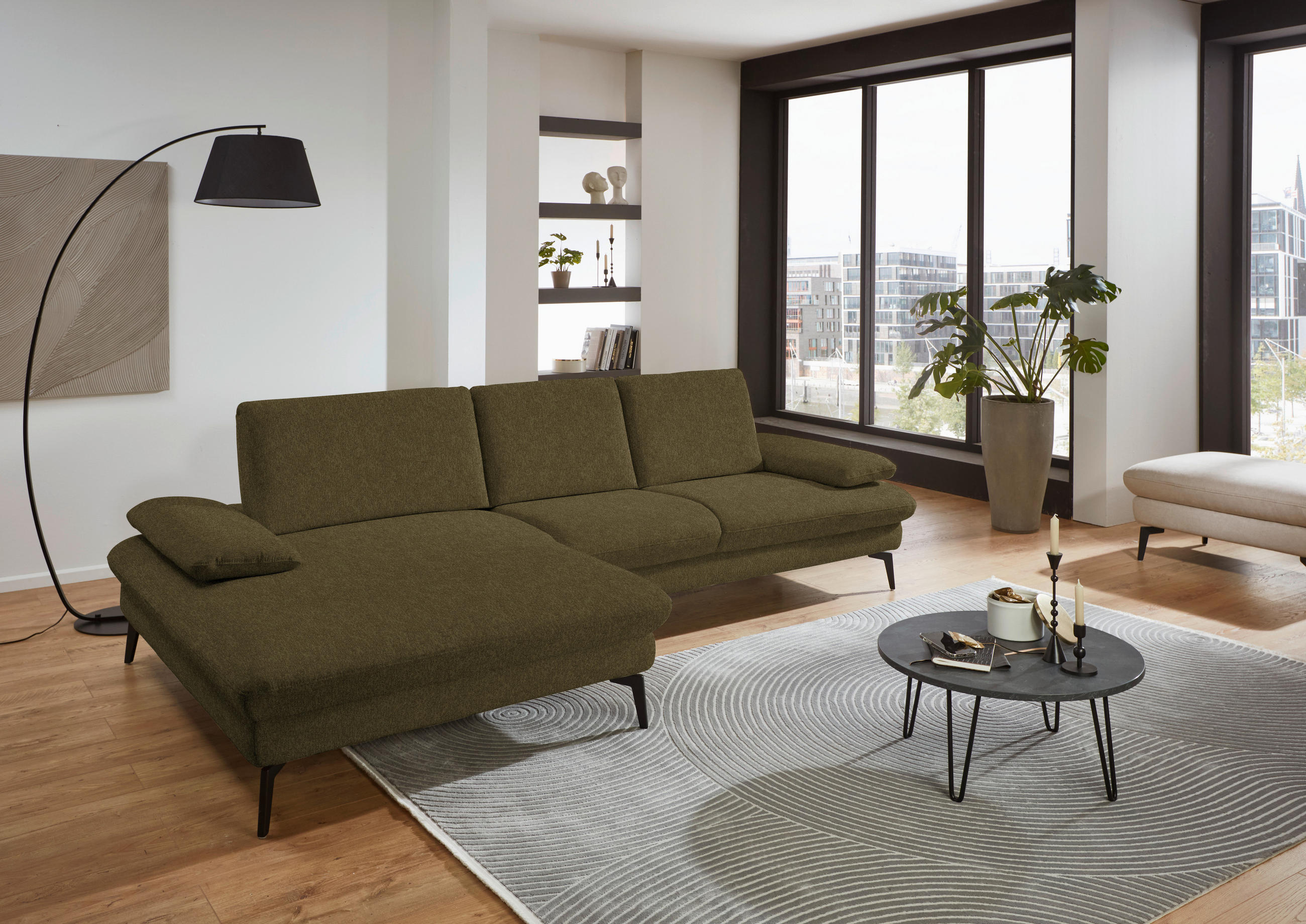 ECKSOFA in Chenille, Mikrofaser Olivgrün  - Schwarz/Olivgrün, Design, Textil/Metall (157/299cm) - Dieter Knoll