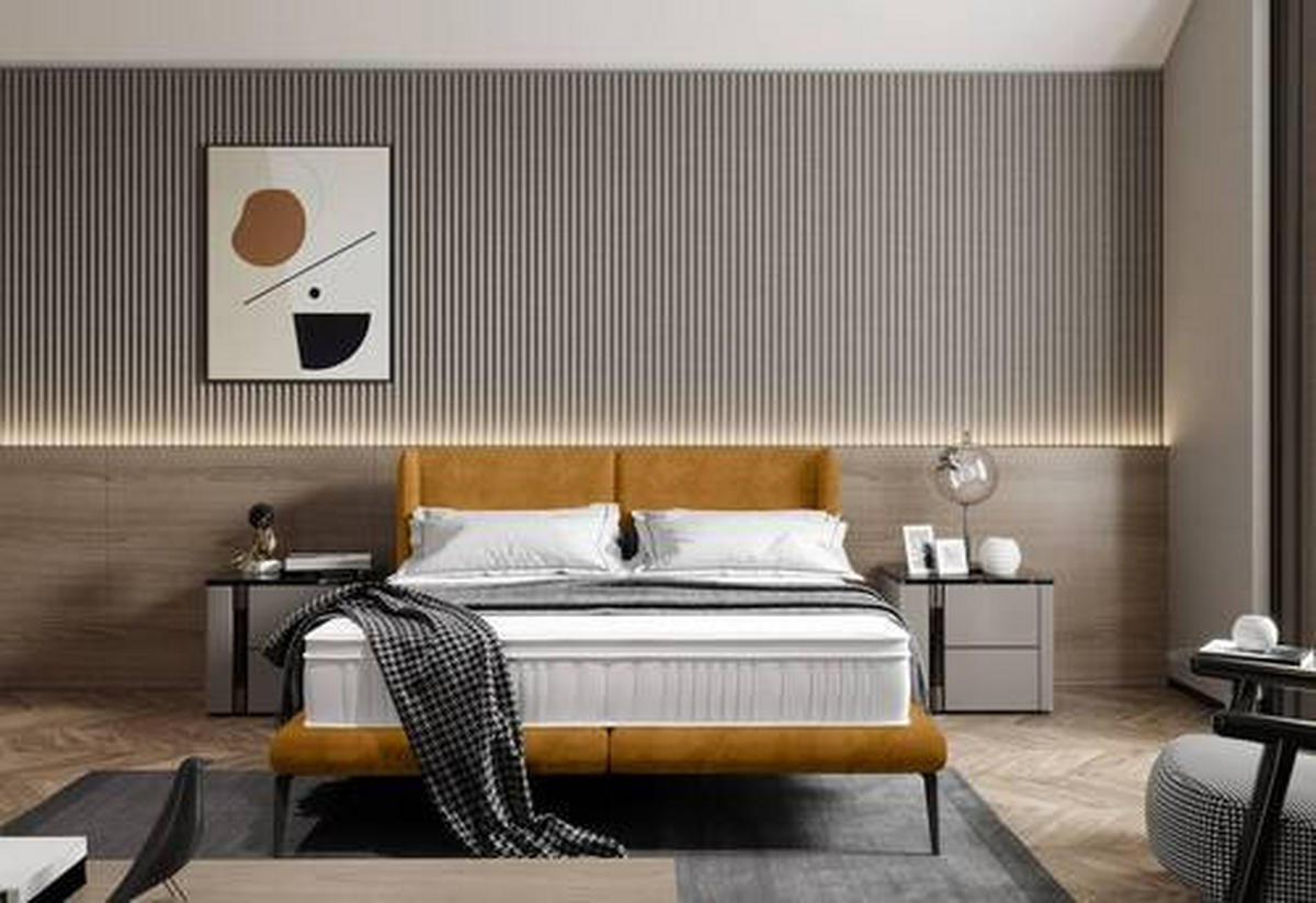 Polsterbett inkl. Matratze gepolstertes Kopfteil, Topper, Matratze 180/200 cm  in Currygelb  - Currygelb/Creme, MODERN, Textil/Metall (180/200cm) - Livetastic