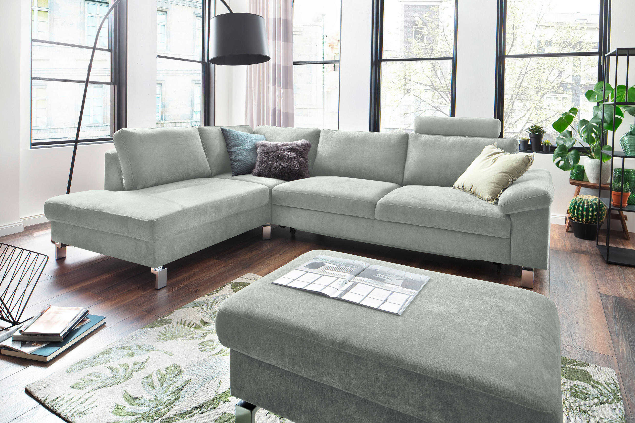 ECKSOFA in Velours Hellgrau  - Chromfarben/Hellgrau, Design, Textil/Metall (200/281cm) - Hom`in