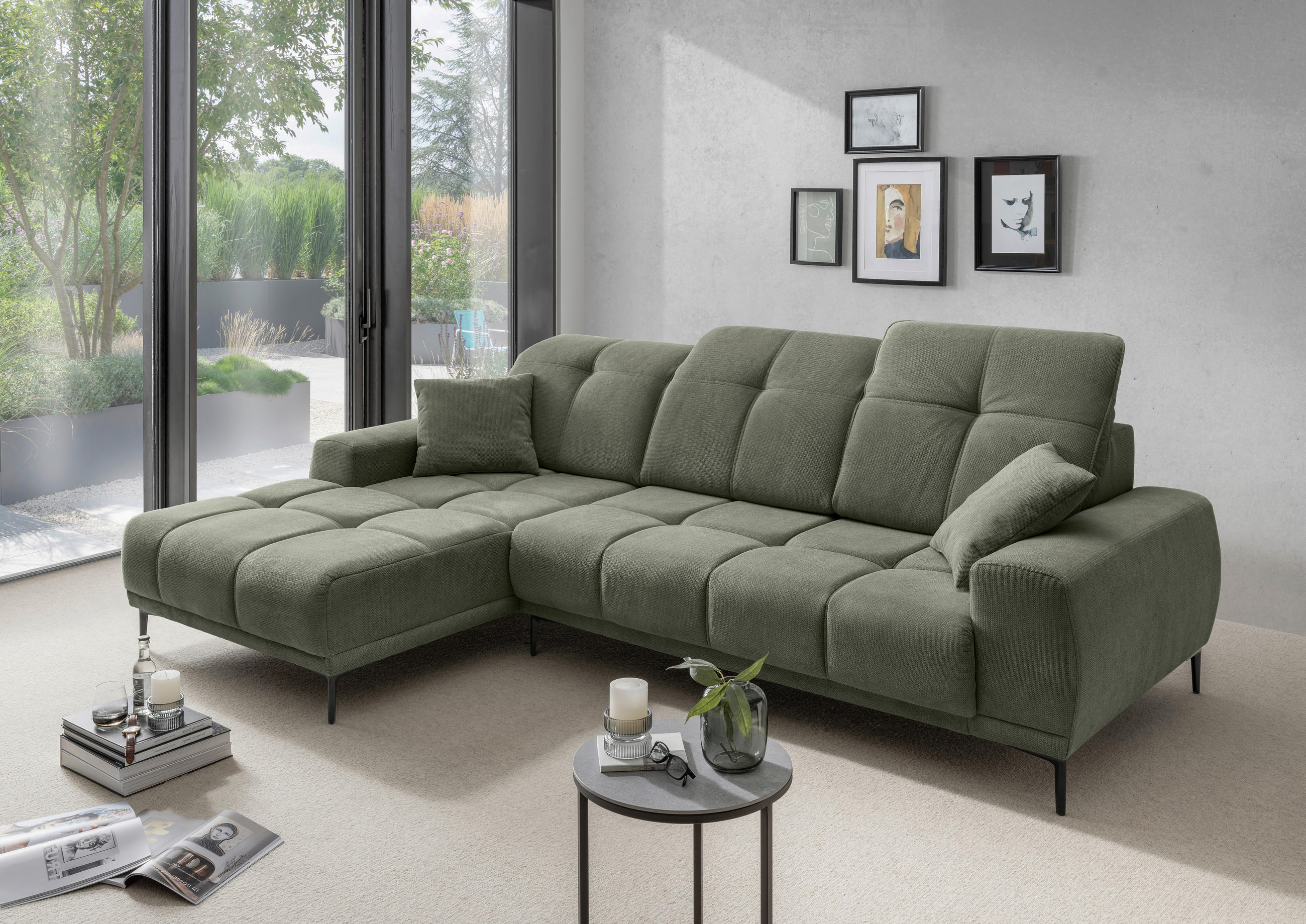 ECKSOFA NESTO Dunkelgrün Chenille Zierkissen, Kopfteilverstellung, Sitztiefenverstellung  - Dunkelgrün/Schwarz, Basics, Textil/Metall (187/292cm) - Livetastic