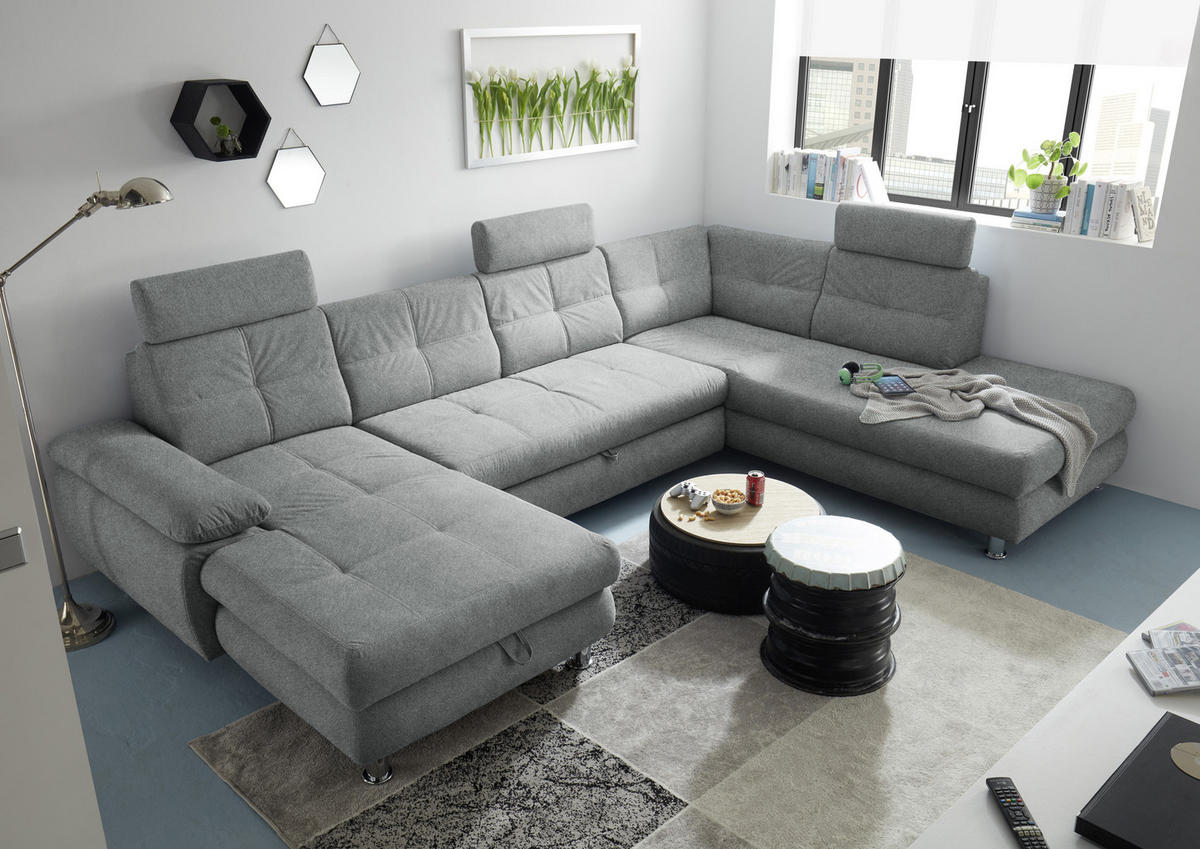 WOHNLANDSCHAFT in Webstoff Hellgrau  - Hellgrau, Modern, Kunststoff/Textil (177/349/233cm) - MID.YOU