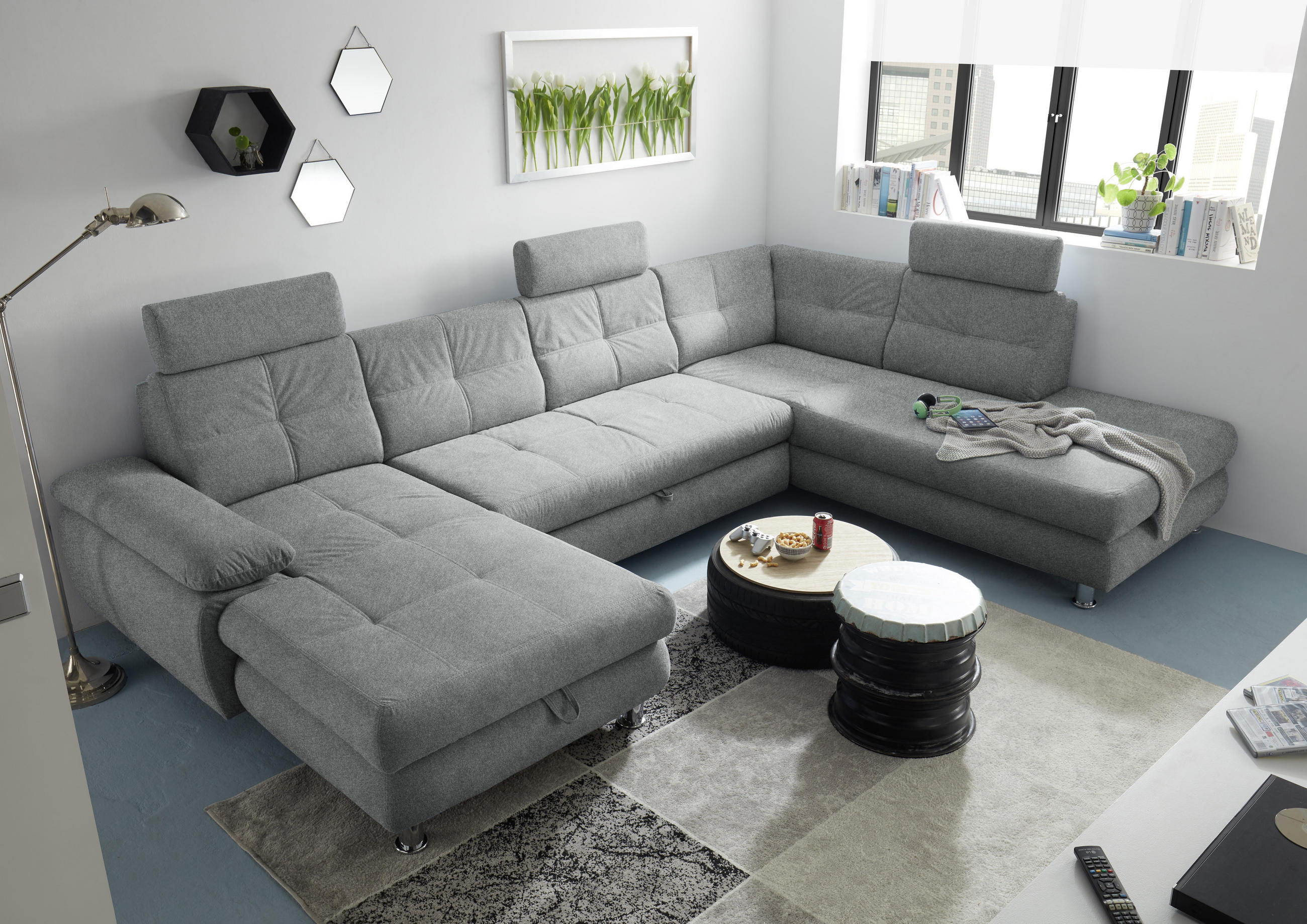 Thumbnail - Mid.you Wohnlandschaft, Hellgrau, Textil, Ottomane rechts, U-Form, 349x233 cm, Made in EU, Wohnzimmer, Sofas & Couches, ...