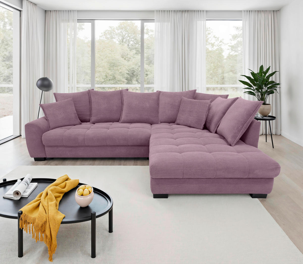 ECKSOFA Lila Cord Rückenkissen, Armlehnenkissen, Bettkasten, Schlaffunktion, Rücken echt, Liegefläche im Originalstoff  - Lila/Schwarz, KONVENTIONELL, Kunststoff/Textil (304/212cm) - Carryhome