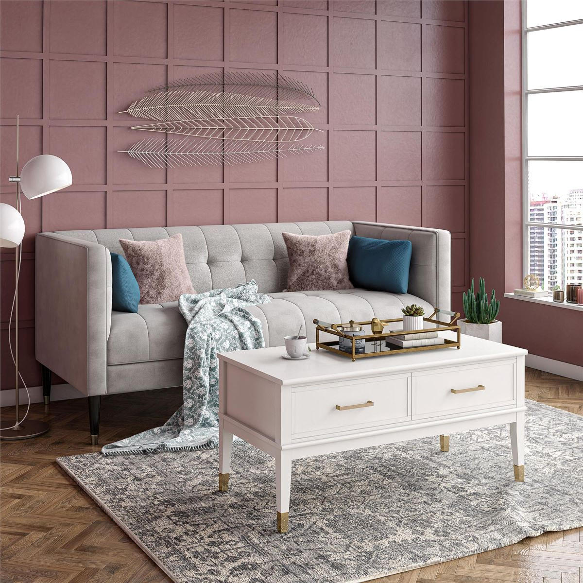 COUCHTISCH Westerleigh 106/57/51 cm rechteckig Weiß  - Weiß/Bronzefarben, Design, Holzwerkstoff/Metall (106/57/51cm) - Mican