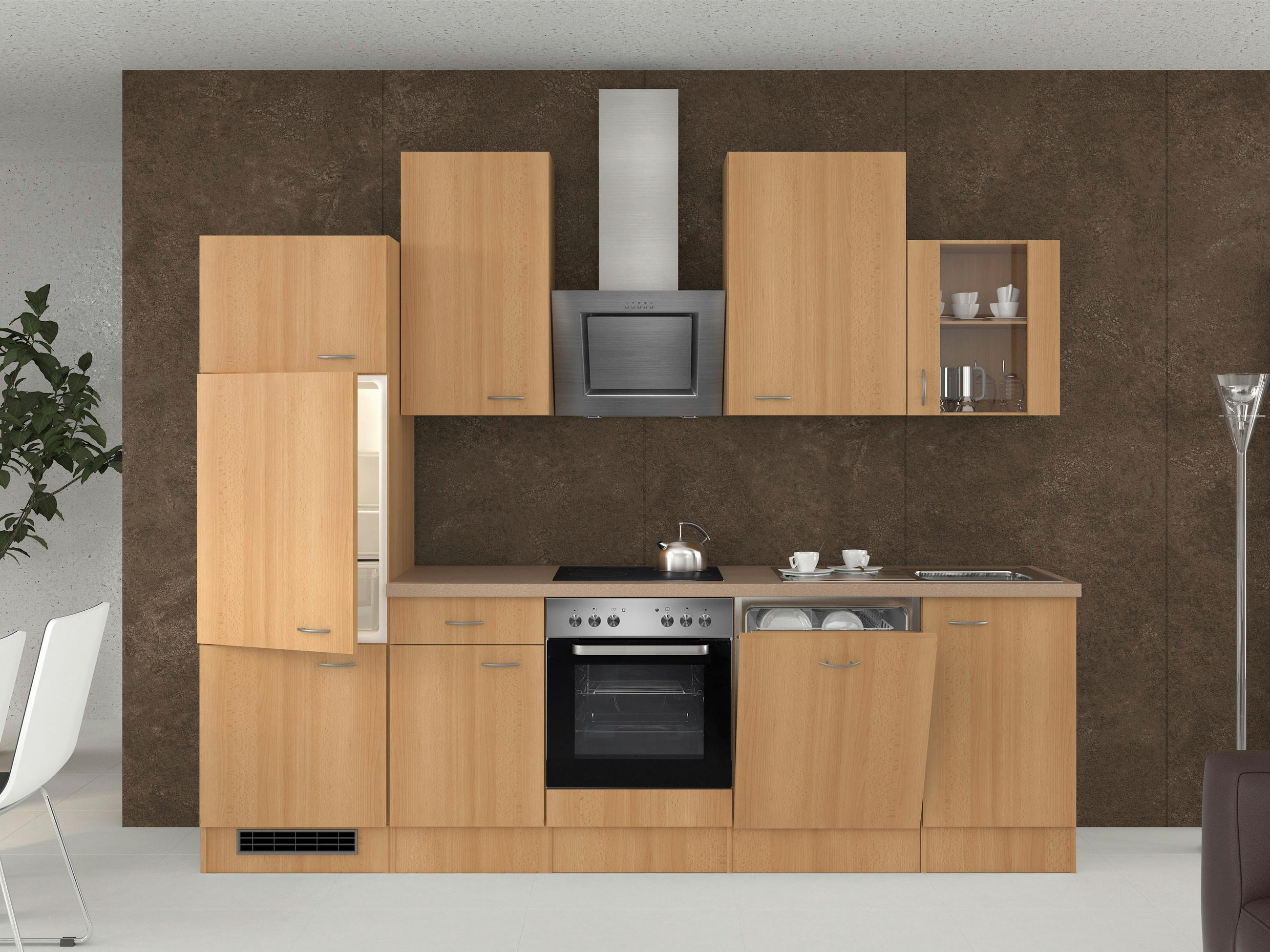 KÜCHENBLOCK 280 cm   in Buchefarben  - Edelstahlfarben/Beige, MODERN, Glas/Holzwerkstoff (280cm) - FlexWell