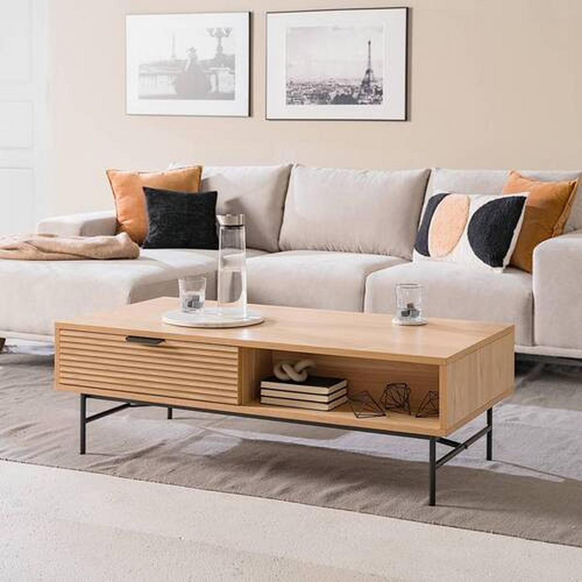 COUCHTISCH Eiche furniert 120/60/40 cm rechteckig Schwarz, Eichefarben  - Eichefarben/Schwarz, MODERN, Holz/Holzwerkstoff (120/60/40cm) - home24