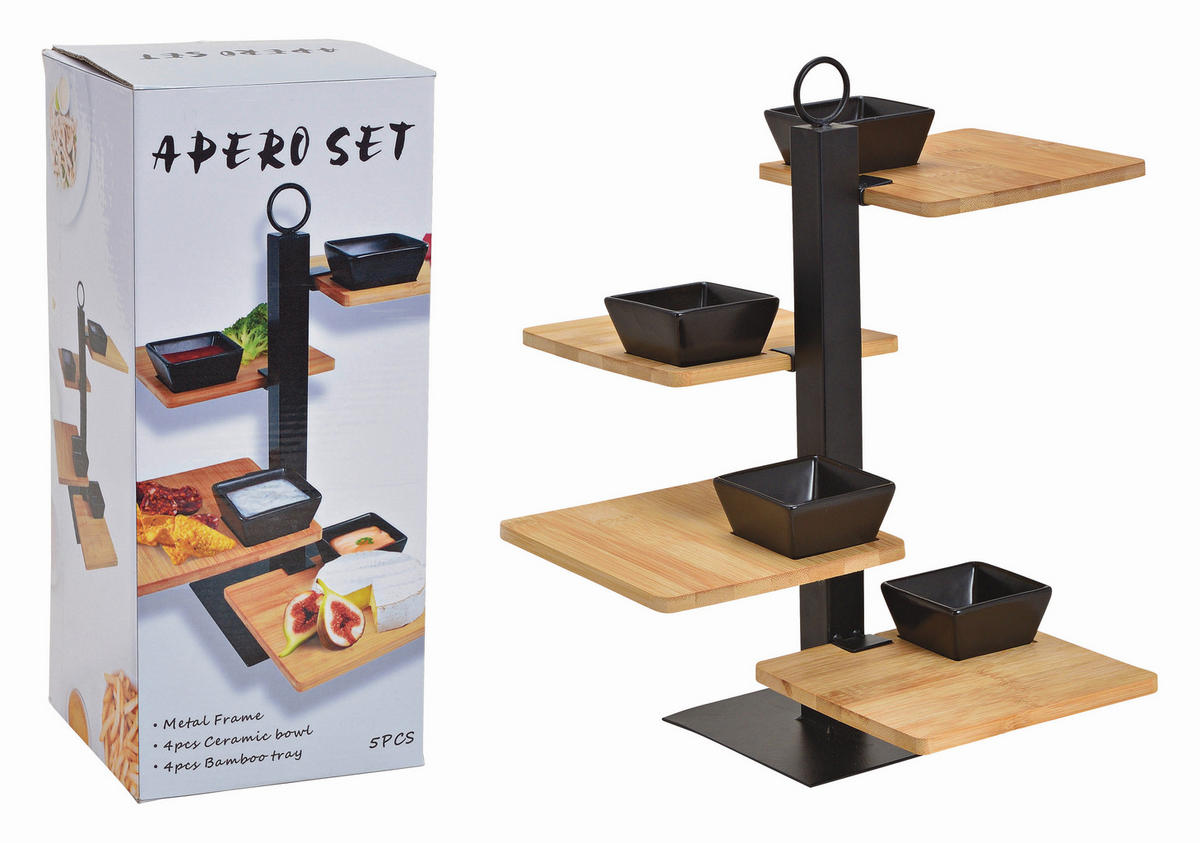 ETAGERE INKL. SCHÄLCHEN 4-stöckig - Schwarz/Naturfarben, Trend, Holz/Metall (32/35cm)