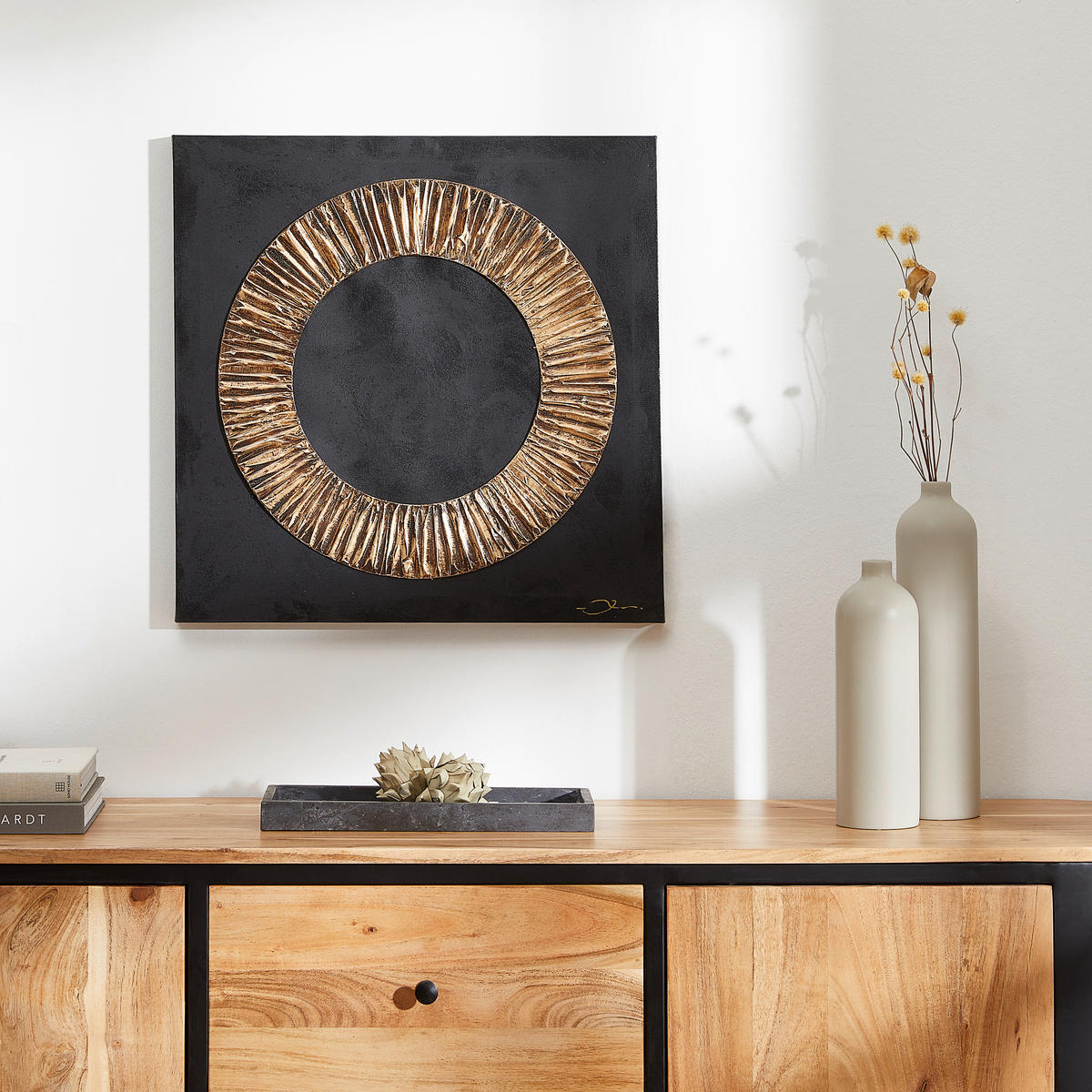 ORIGINALBILD Abstraktes 55/55 cm  - Goldfarben/Schwarz, LIFESTYLE, Holzwerkstoff/Textil (55/55cm) - Monee