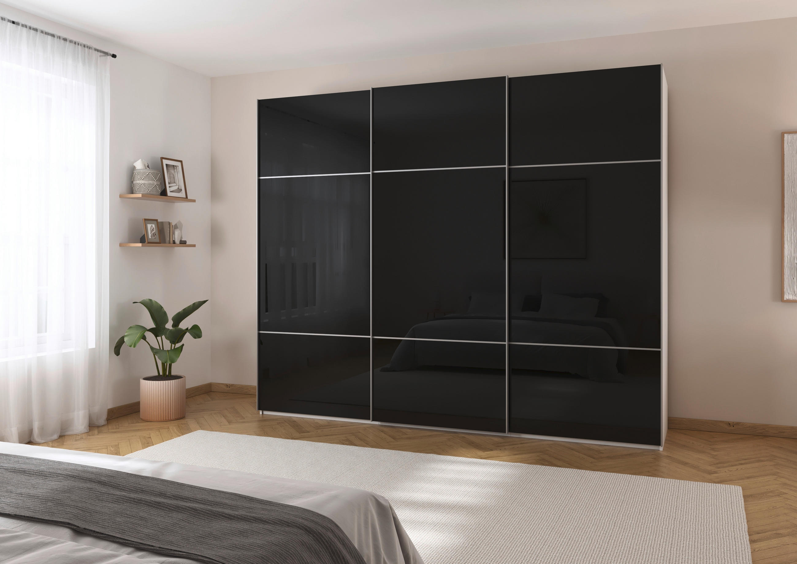 SCHWEBETÜRENSCHRANK 301/223/68 cm 3-türig Schwarz, Weiß  - Alufarben/Schwarz, KONVENTIONELL, Glas/Holzwerkstoff (301/223/68cm) - Novel