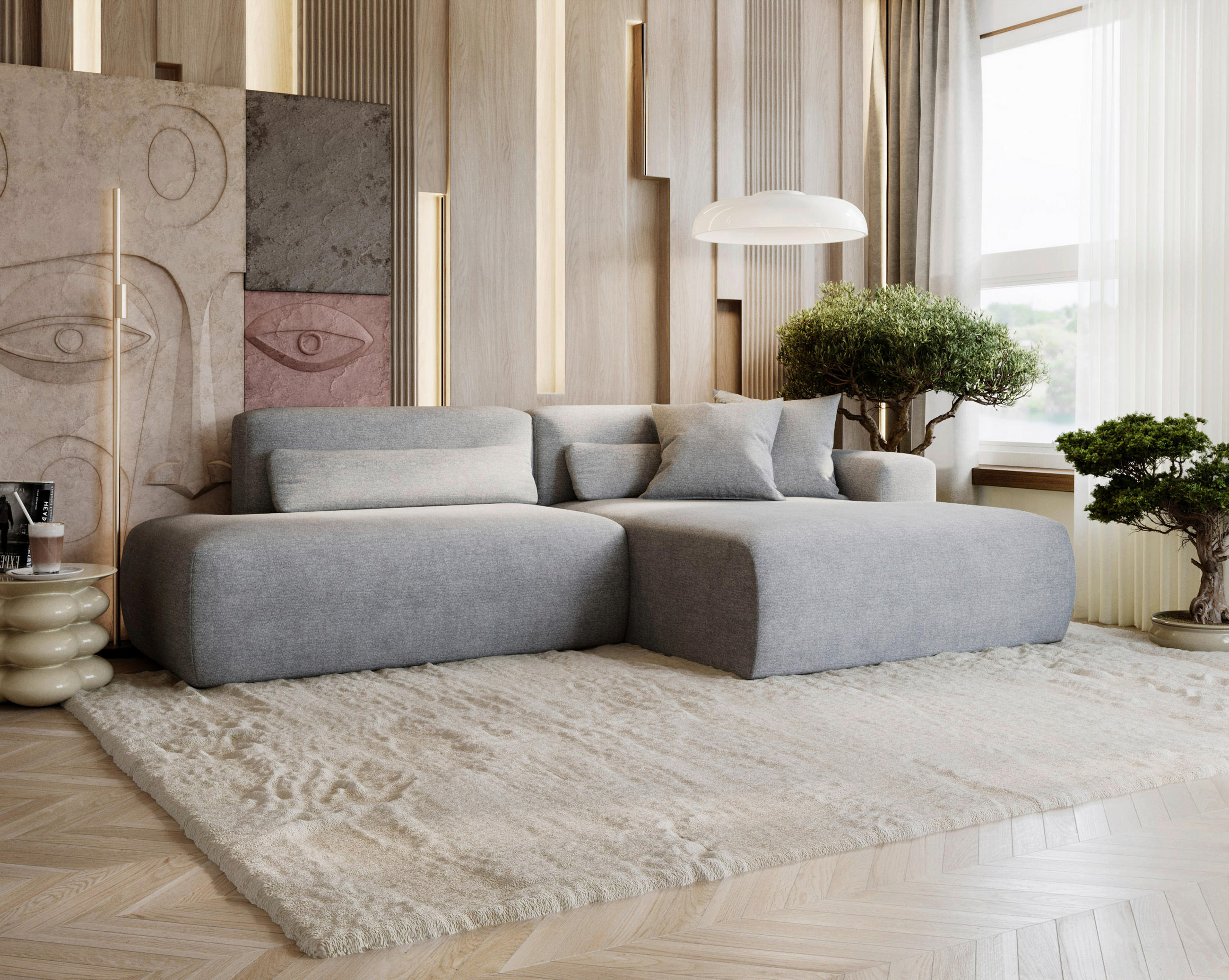 ECKSOFA Chenille Hellgrau  - Hellgrau/Schwarz, Design, Kunststoff/Textil (284/160cm) - Livetastic