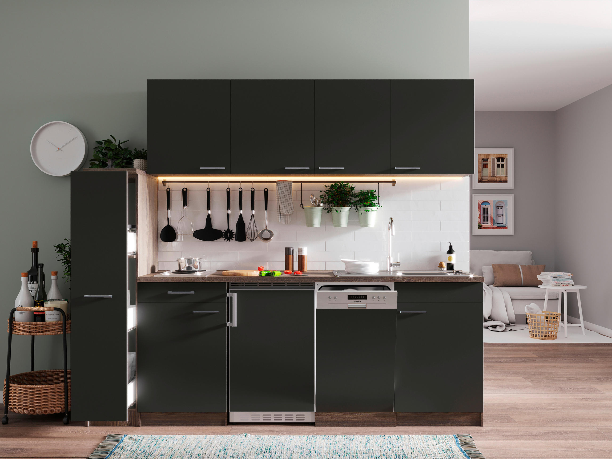 KÜCHENBLOCK 225 cm   in Grau  - Eichefarben/Alufarben, Basics, Holzwerkstoff/Kunststoff (225cm) - Respekta