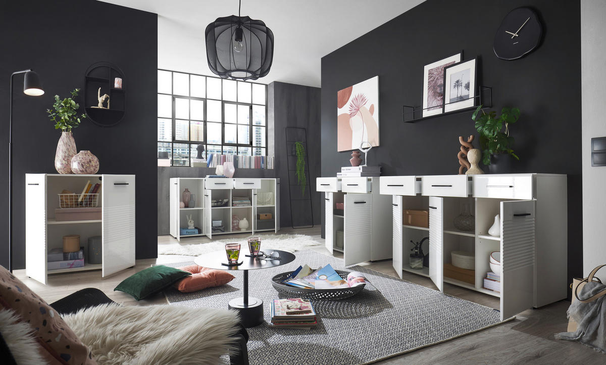 KOMODA, bílá, vysoce lesklá bílá, 80/83/40 cm - bílá/černá, Design, kompozitní dřevo/plast (80/83/40cm)