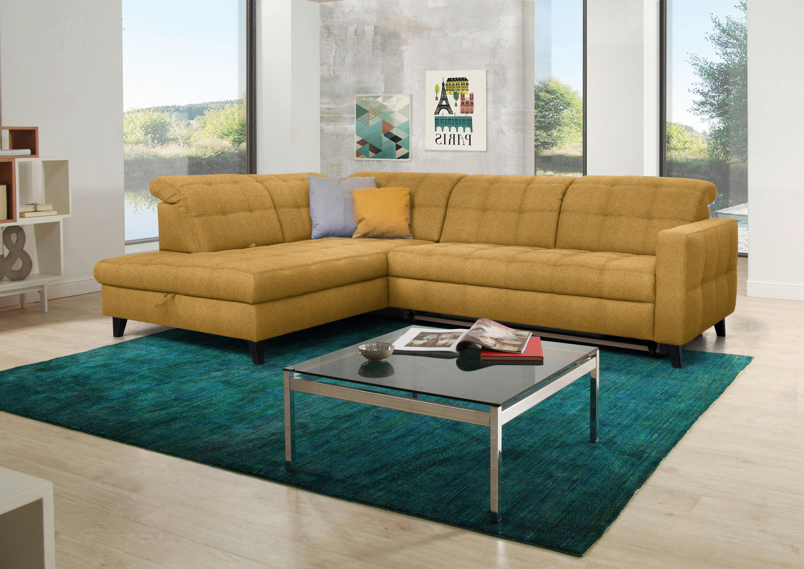 ECKSOFA in Webstoff Currygelb  - Currygelb/Schwarz, Design, Holz/Textil (216/297cm) - Xora