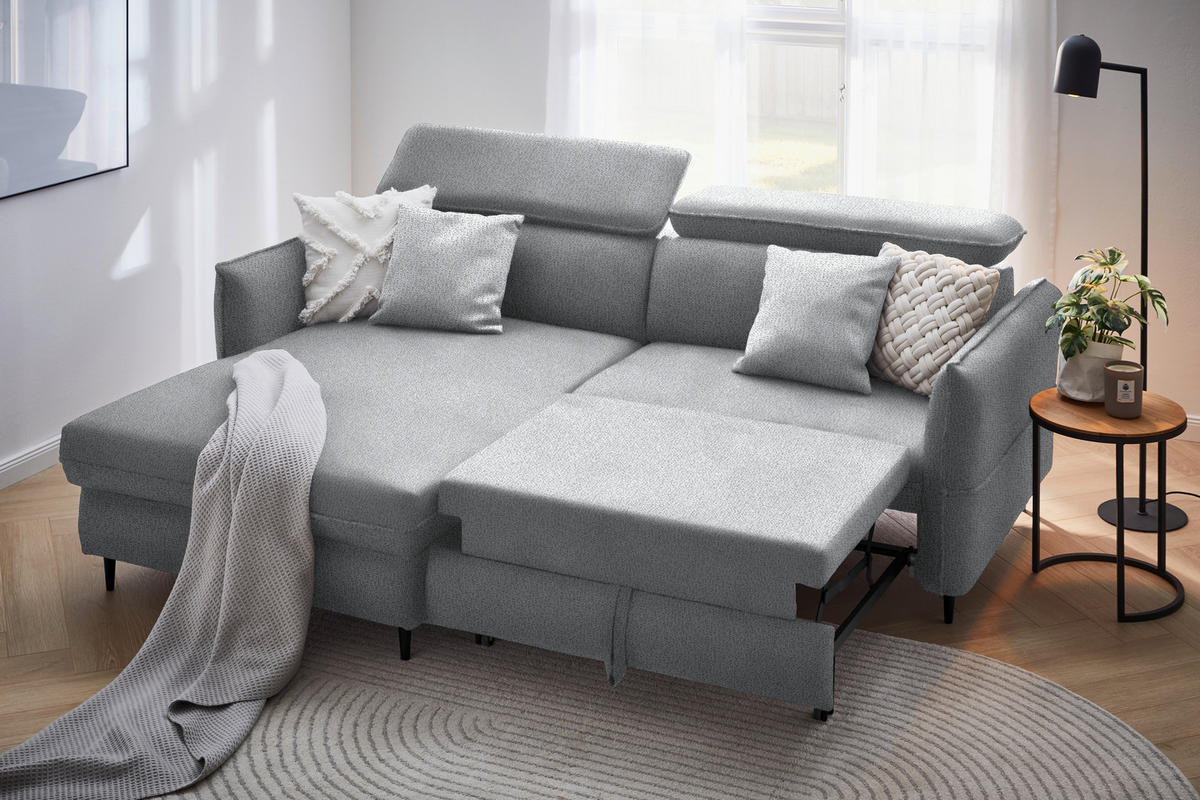 ECKSOFA in Flachgewebe Hellgrau  - Hellgrau/Schwarz, Design, Holz/Textil (185/232cm) - Stylife
