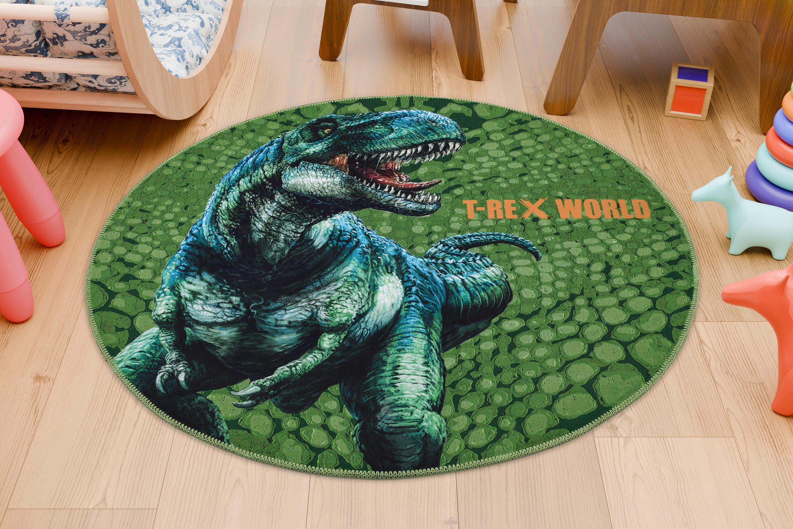 Thumbnail - Kinderteppich T-Rex World, Hellgrün, Textil, Dinosaurier, rund, Oeko-Tex® Standard 100, für Fußbodenheizung geeignet, pf...