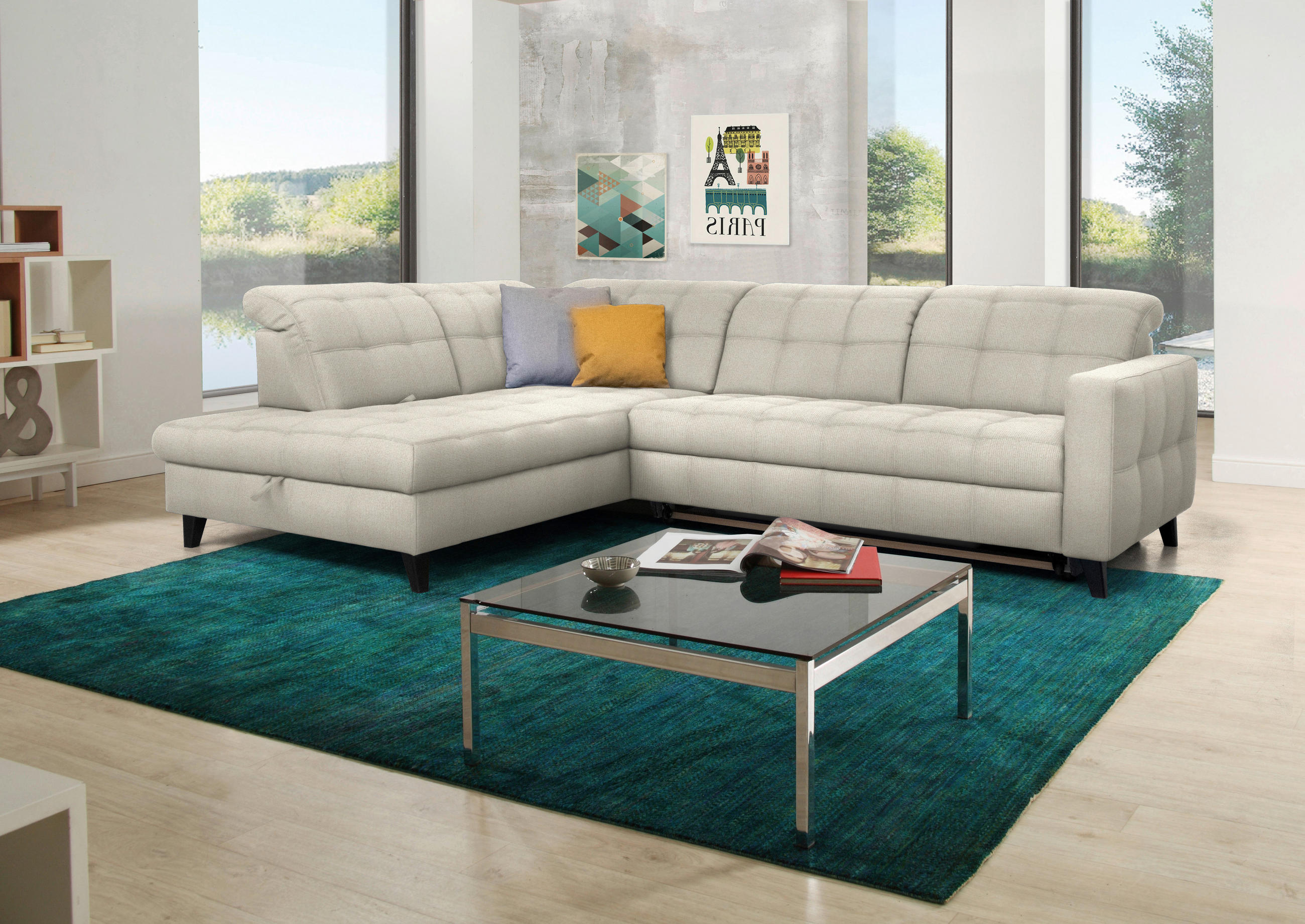 ECKSOFA in Webstoff Ecru  - Ecru/Schwarz, Design, Holz/Textil (216/297cm) - Xora