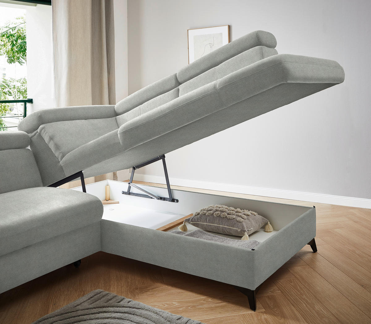 ECKSOFA in Webstoff Silberfarben  - Silberfarben/Schwarz, Design, Textil/Metall (260/203cm) - Stylife