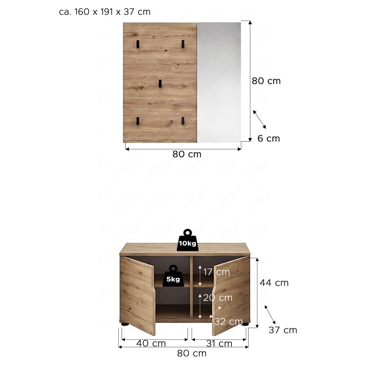 GARDEROBE 2-teilig  in 80/191/37 cm  - Eiche Artisan, Design, Holzwerkstoff (80/191/37cm) - MID.YOU