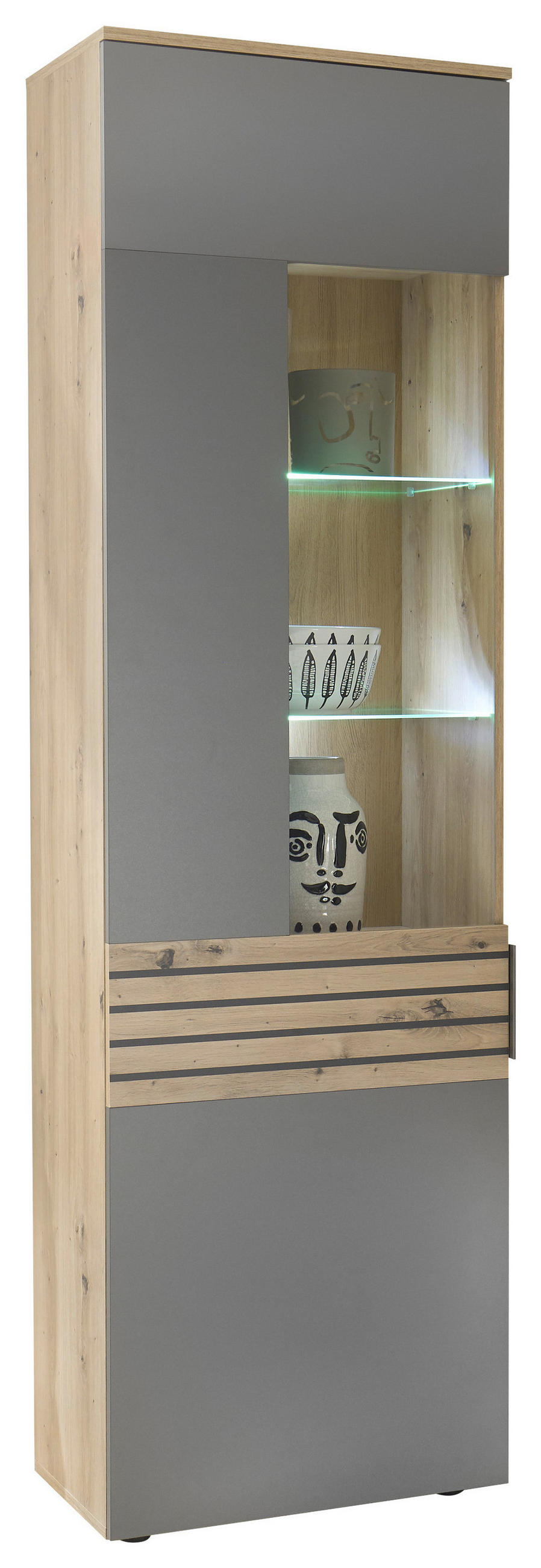 VITRINE in Eiche Artisan, Grau  - Schwarz/Eiche Artisan, Design, Glas/Holzwerkstoff (58/199,4/37cm) - MID.YOU