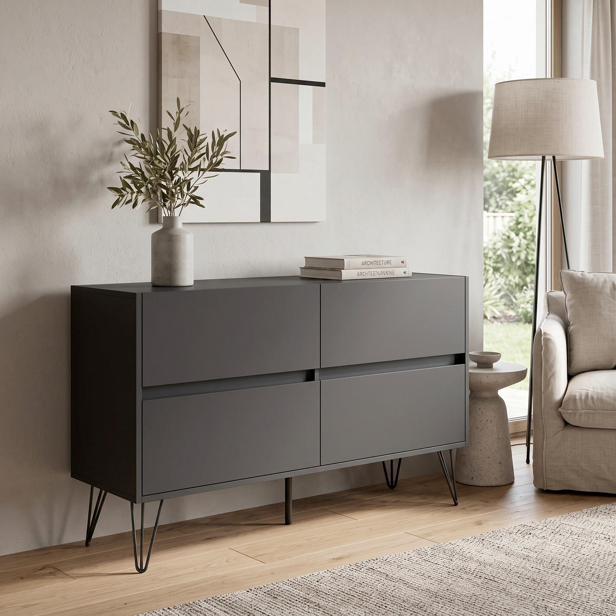 SIDEBOARD Posseik Industrial 119/75/42 cm 4 Schublade(n)  - Graphitfarben/Schwarz, Design, Holzwerkstoff/Metall (119/75/42cm) - MID.YOU
