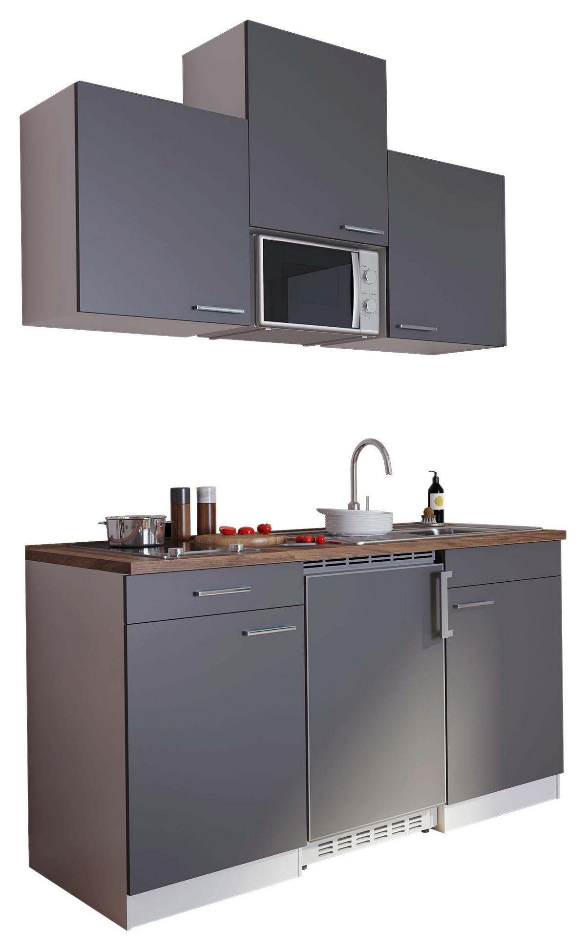 MINIKÜCHE 150 cm   in Grau  - Edelstahlfarben/Nussbaumfarben, Basics, Holzwerkstoff/Kunststoff (150cm) - Respekta
