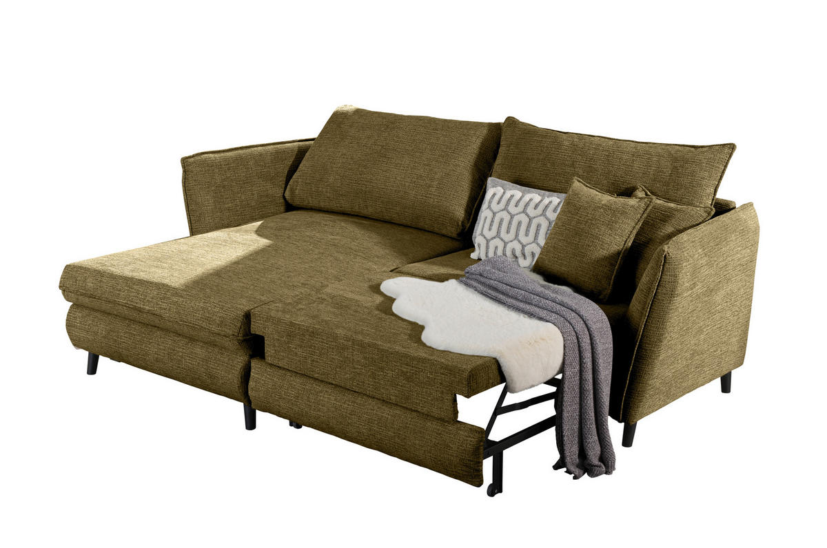 ECKSOFA inkl. Funktionen Olivgrün Struktur  - Schwarz/Olivgrün, Design, Holz/Textil (245/161cm) - Stylife