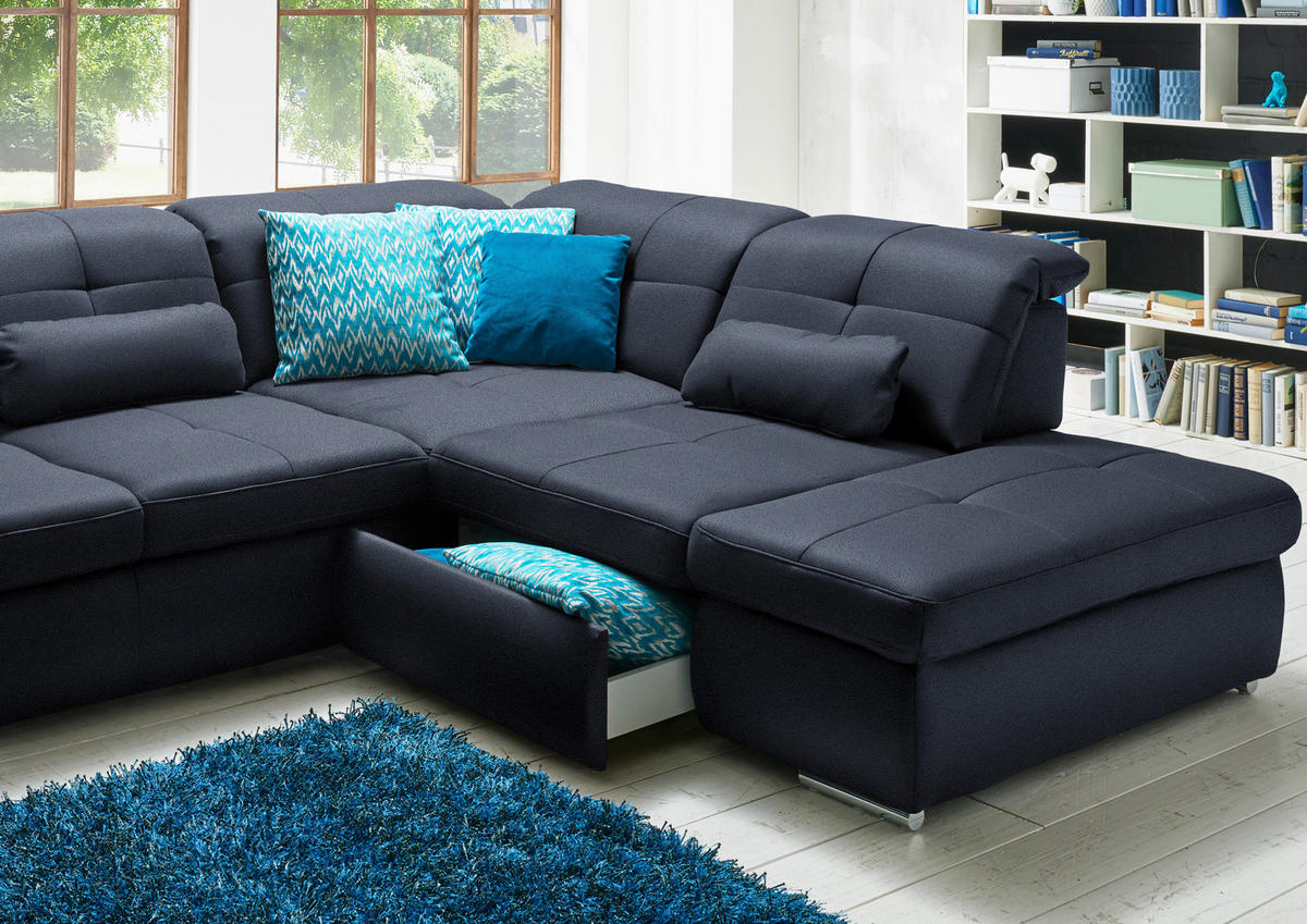 WOHNLANDSCHAFT  in Mikrofaser Blau  - Chromfarben/Blau, Design, Textil (195/371/260cm) - Beldomo Style