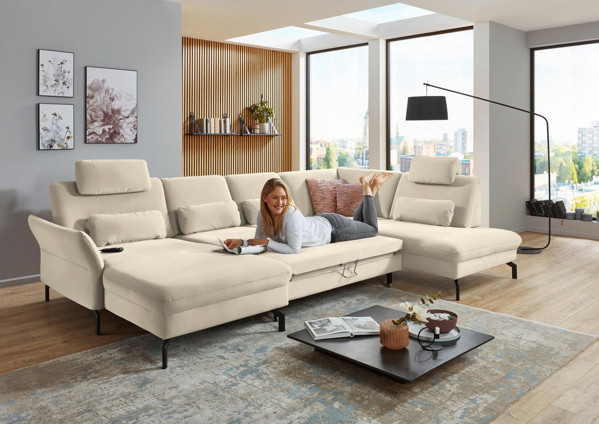 WOHNLANDSCHAFT in Velours Creme, Naturfarben  - Creme/Schwarz, Design, Textil/Metall (179/335/220cm) - Beldomo System