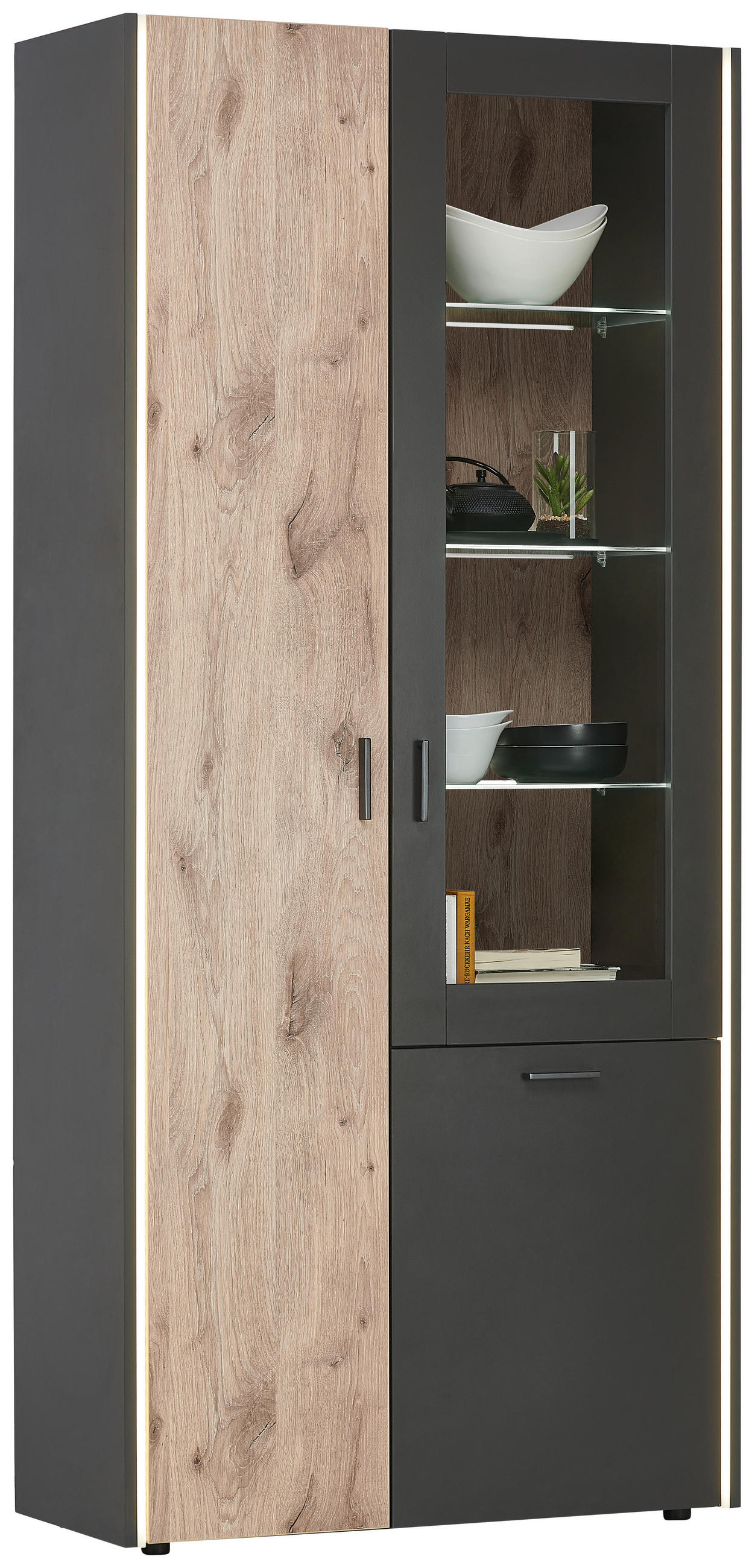 VITRINE in Grau, Eichefarben - Eichefarben/Schwarz, MODERN, Glas/Holzwerkstoff (91/200/37cm) - Hom`in
