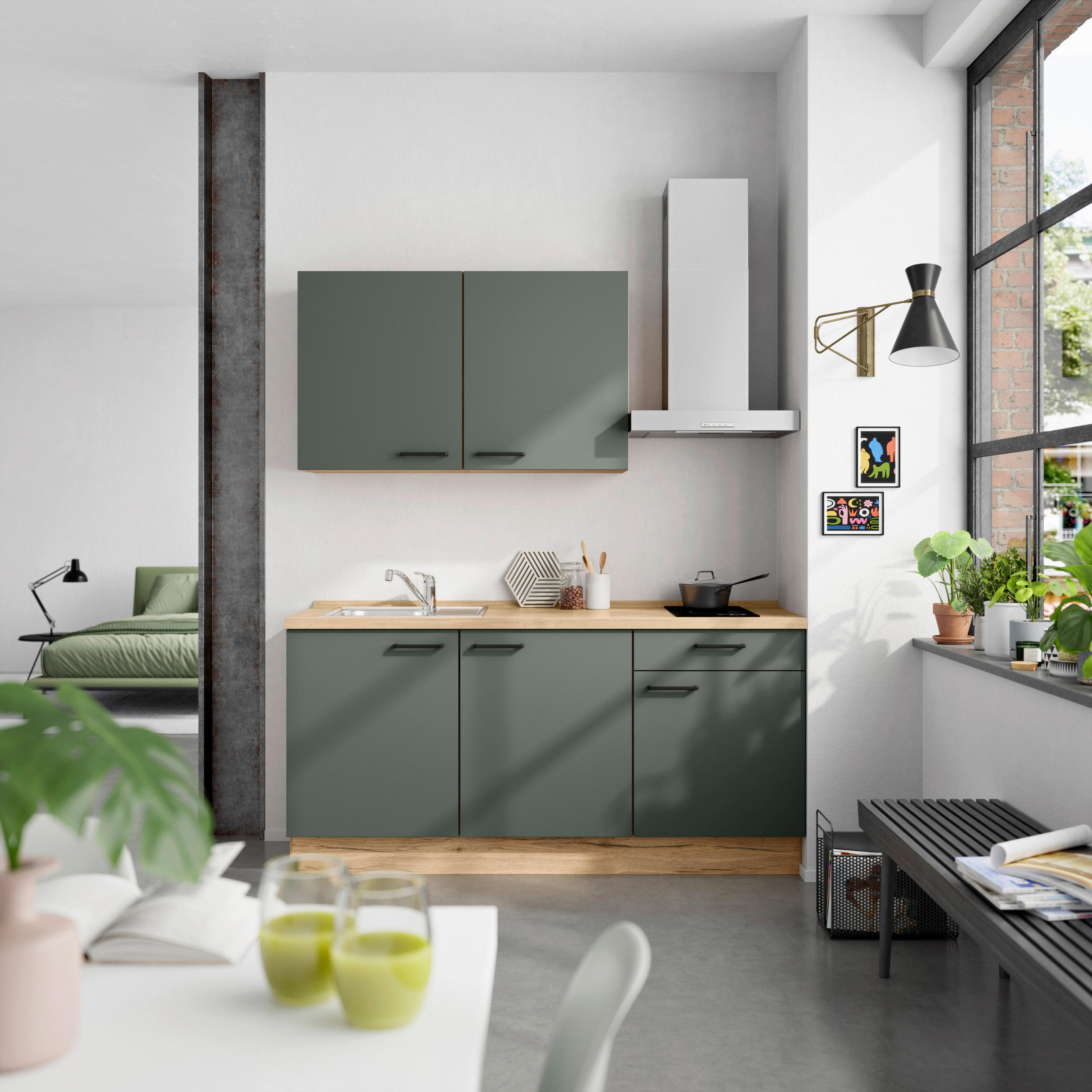 KÜCHENBLOCK 180 cm   in Eichefarben, Dunkelgrün  - Dunkelgrün/Eichefarben, MODERN, Holzwerkstoff/Metall (180cm) - Nobilia