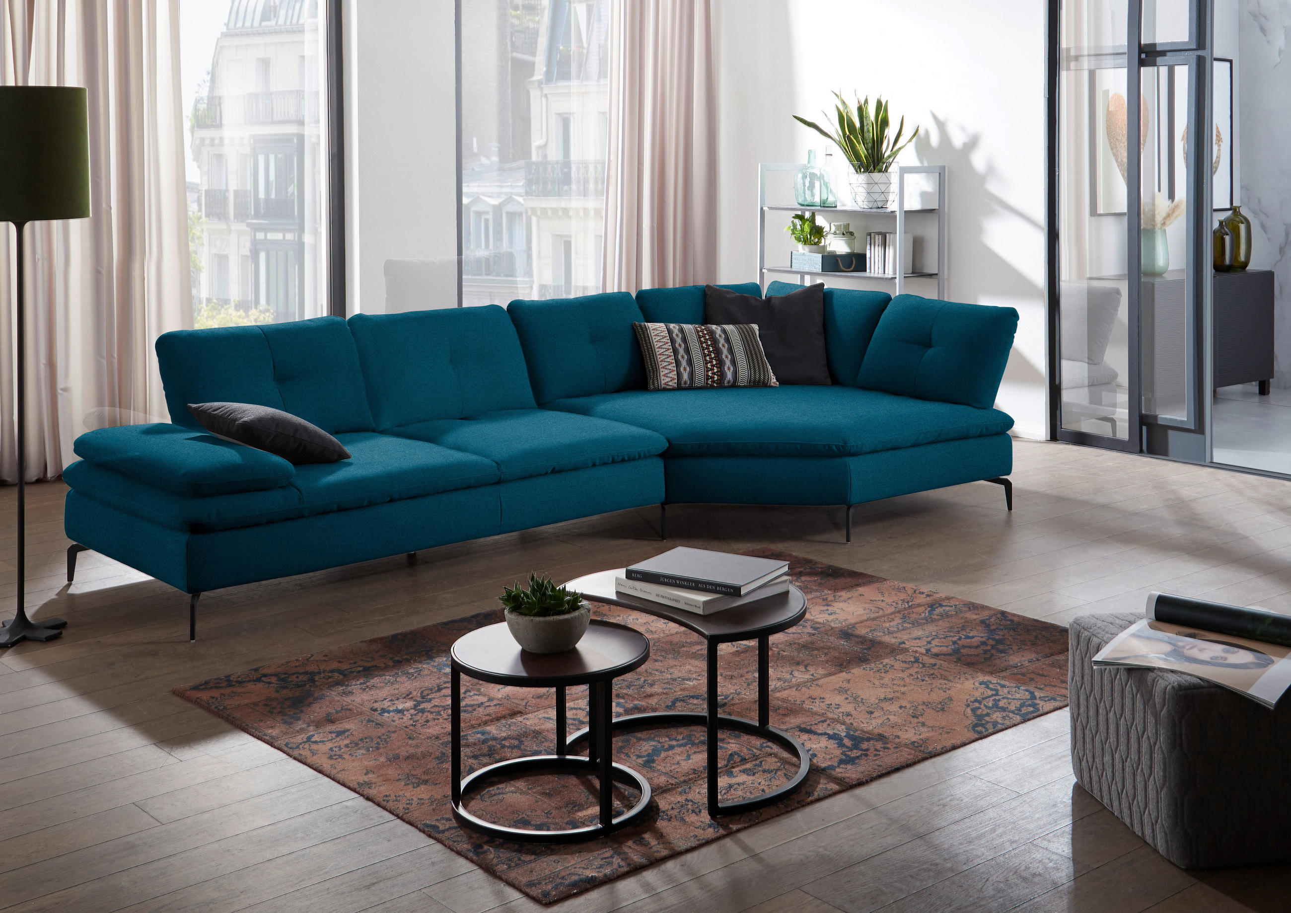 ECKSOFA in Flachgewebe Dunkelblau  - Schwarz/Dunkelblau, Design, Textil/Metall (344/159cm) - Chilliano