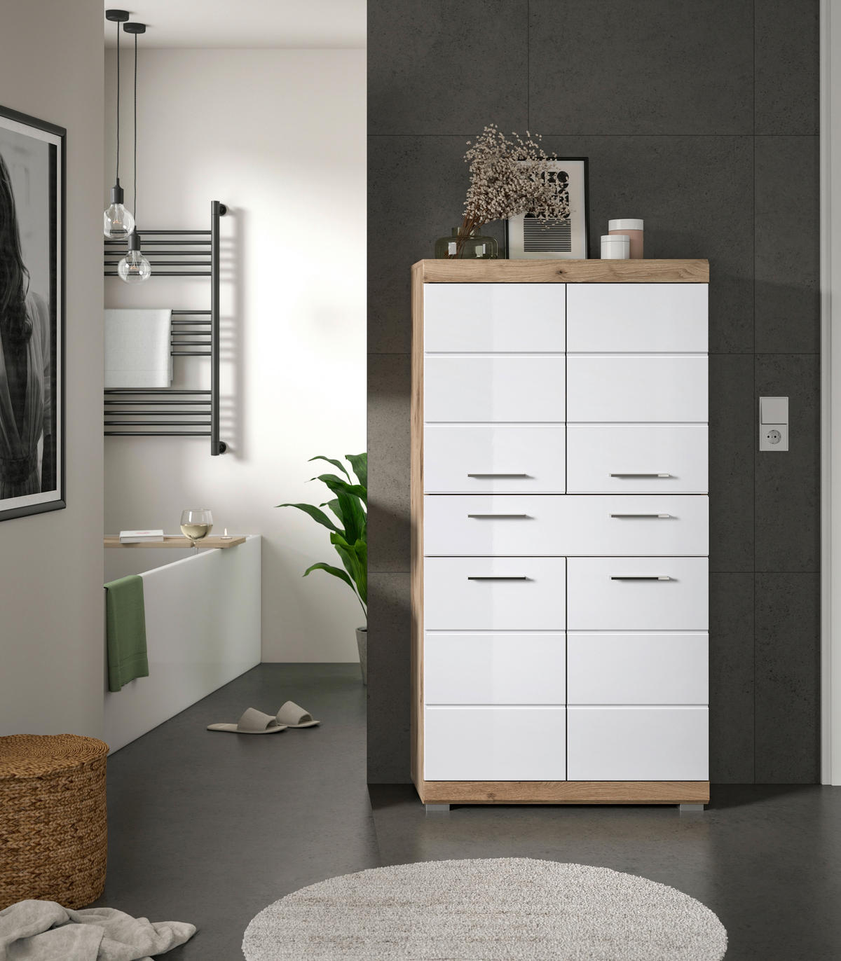 MIDISCHRANK 74/141/31 cm  - Chromfarben/Weiß Hochglanz, MODERN, Holzwerkstoff/Kunststoff (74/141/31cm) - MID.YOU
