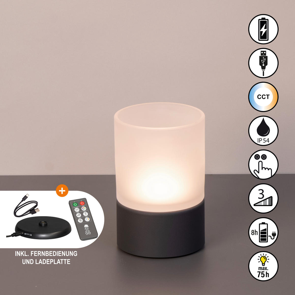 AKKU-TISCHLEUCHTE Ariva Pro 9,5/14,5 cm  - Graubraun/Weiß, Design, Glas/Metall (9,5/14,5cm)