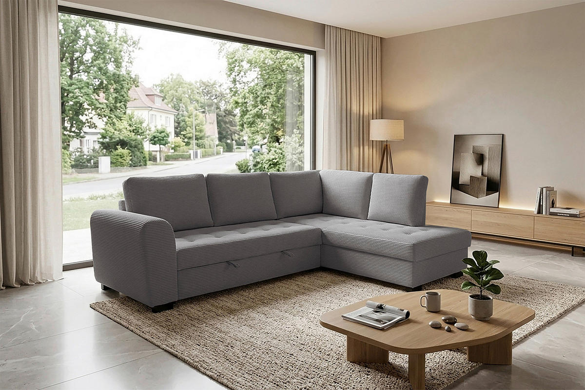 ECKSOFA JOHN Grau Cord Rückenkissen, Bettkasten, Liegefläche im Originalstoff  - Schwarz/Grau, Trend, Kunststoff/Textil (239/178cm) - P & B