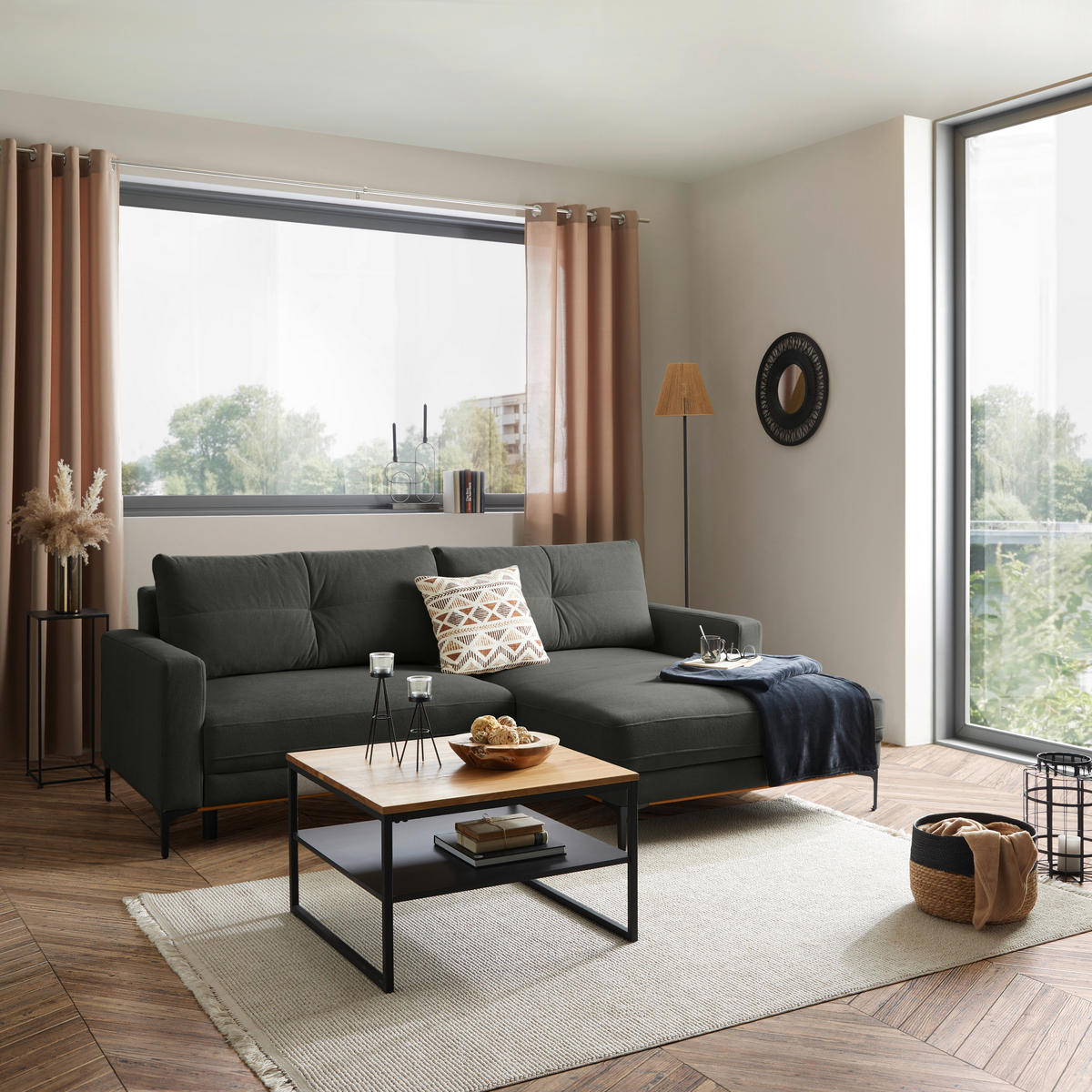 ECKSOFA Dunkelgrau  - Dunkelgrau/Schwarz, MODERN, Textil/Metall (238/162cm) - Ondega