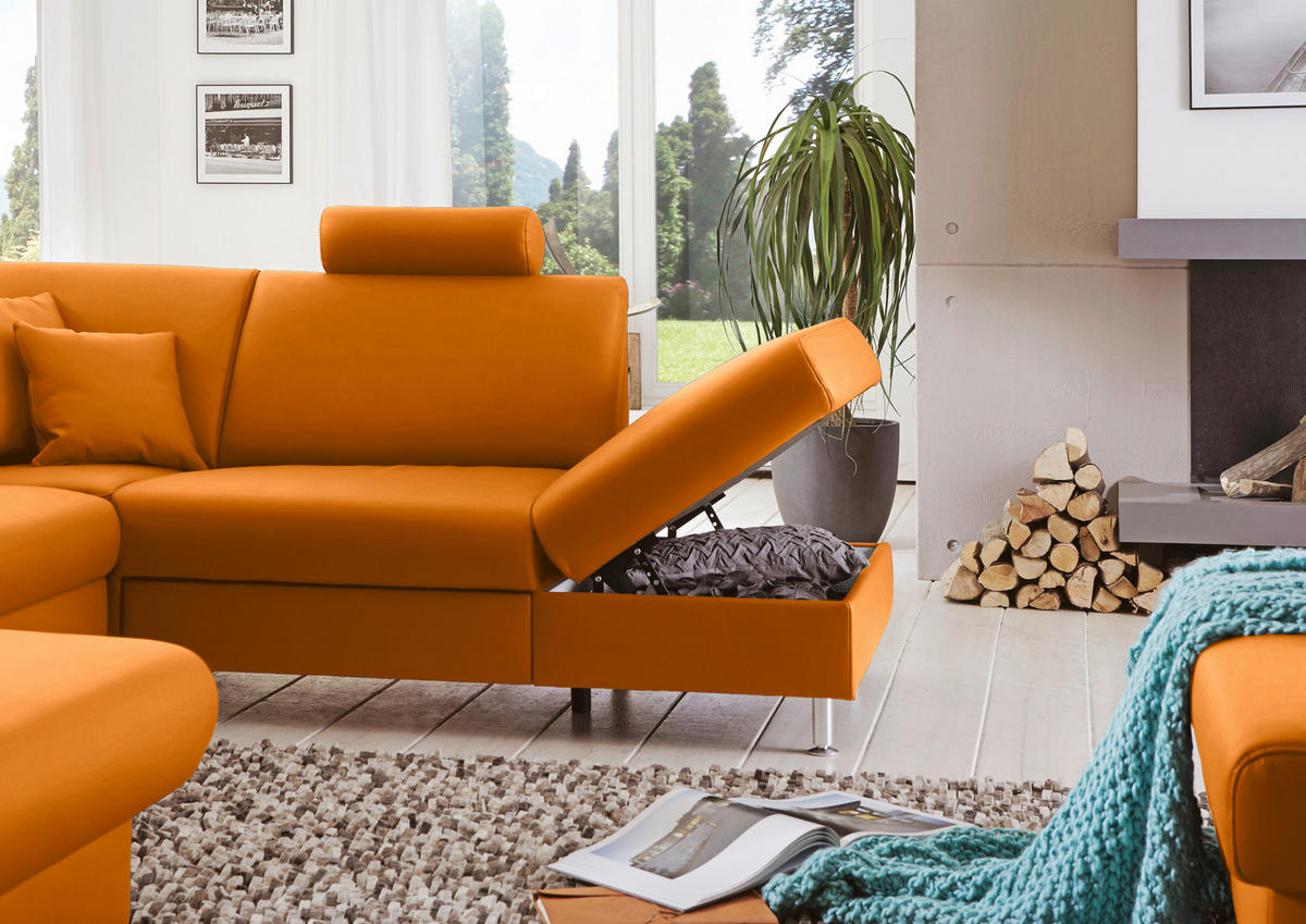 WOHNLANDSCHAFT in Echtleder Orange  - Alufarben/Orange, Design, Leder/Metall (165/339/233cm) - Beldomo Premium