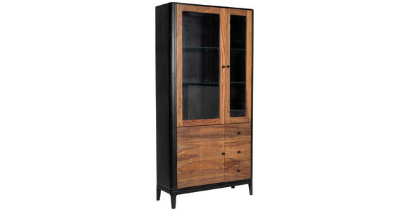 VITRINE  in massiv Mangoholz, Sheesham Braun, Naturfarben, Schwarz - Schwarz/Braun, Design, Glas/Holz (100/200/40cm) - Ambia Home