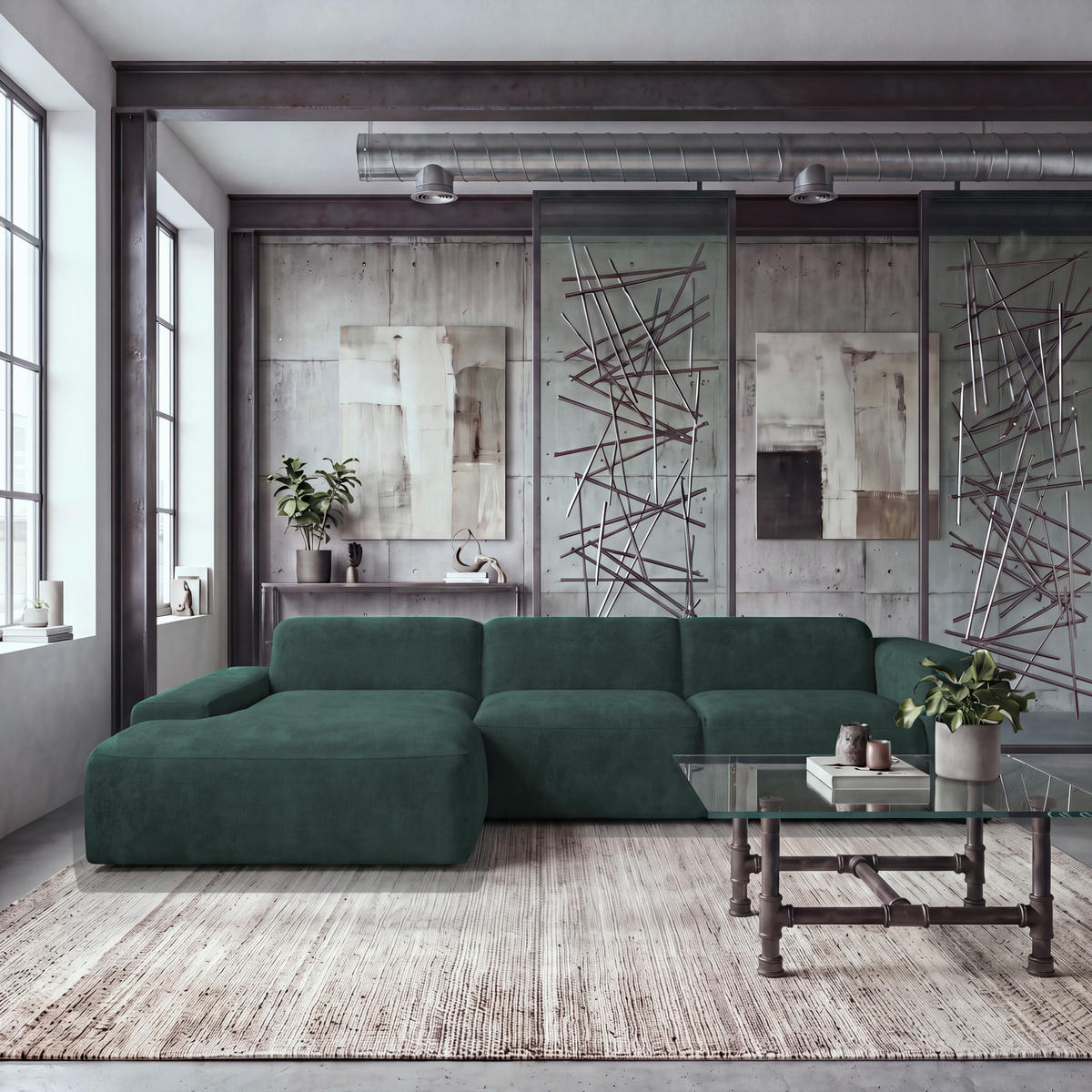 ECKSOFA HANNAH Grün Cord  - Schwarz/Grün, Design, Kunststoff/Textil (170/343cm) - MID.YOU