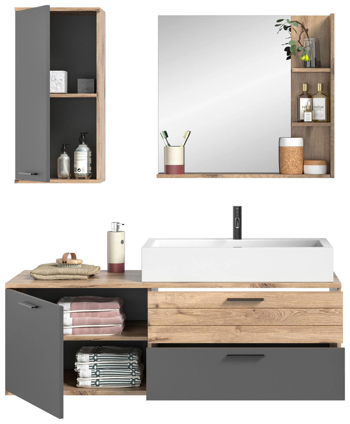 BADEZIMMER 3-teilig  in 140 cm  - Eichefarben/Weiß Hochglanz, MODERN, Glas/Keramik (140cm) - MID.YOU