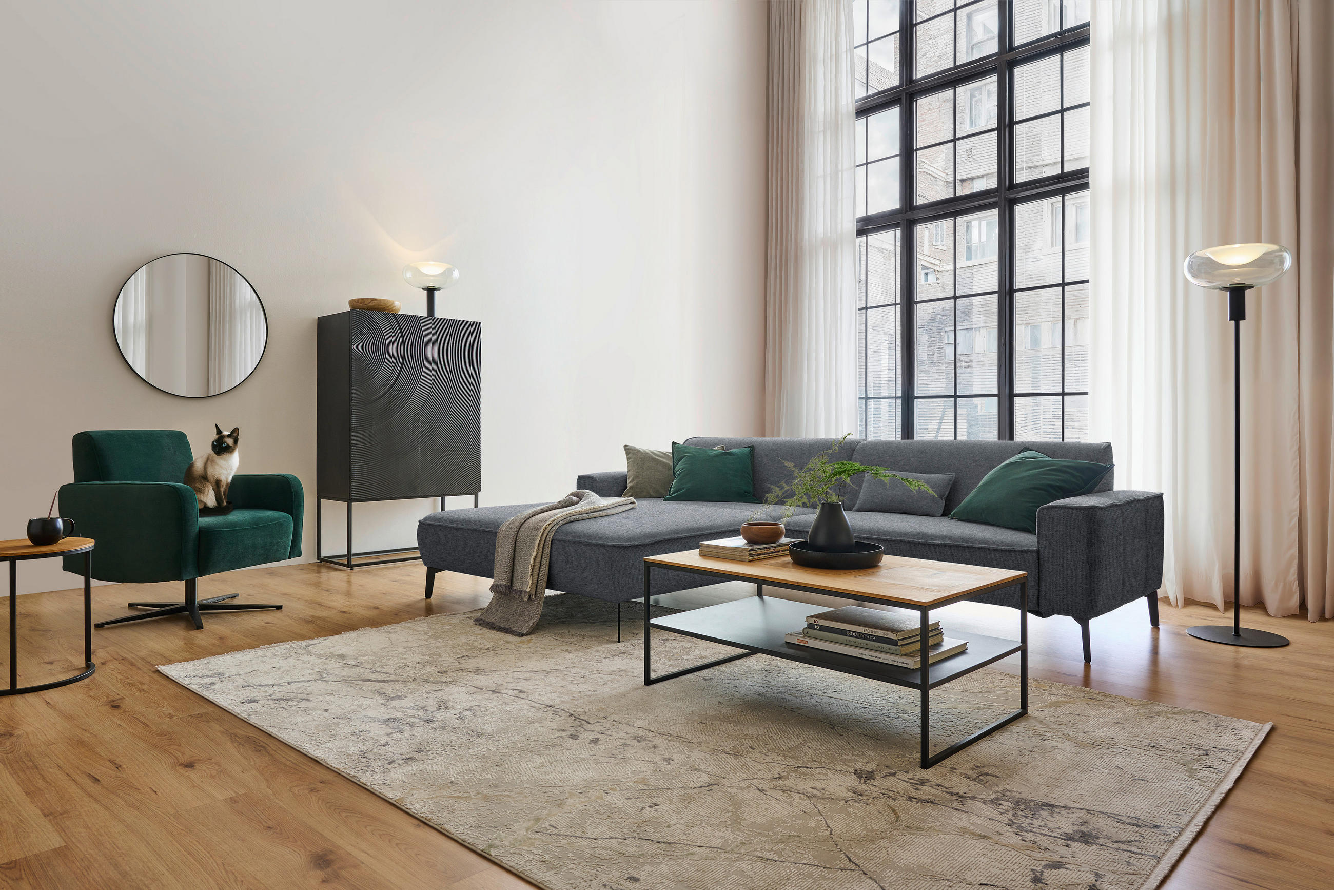 ECKSOFA in Flachgewebe Dunkelgrau  - Dunkelgrau/Schwarz, Design, Textil/Metall (190/285cm) - Johann Jakob