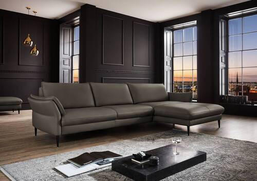 ECKSOFA in Echtleder Graubraun  - Graubraun/Schwarz, Design, Leder/Metall (334/172cm) - Valdera