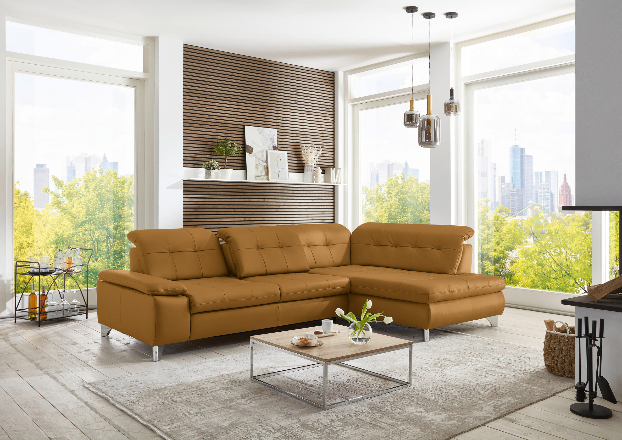 ECKSOFA in Echtleder Currygelb  309/211 cm  - Currygelb/Alufarben, Design, Leder/Metall (309/211cm) - Beldomo Speed