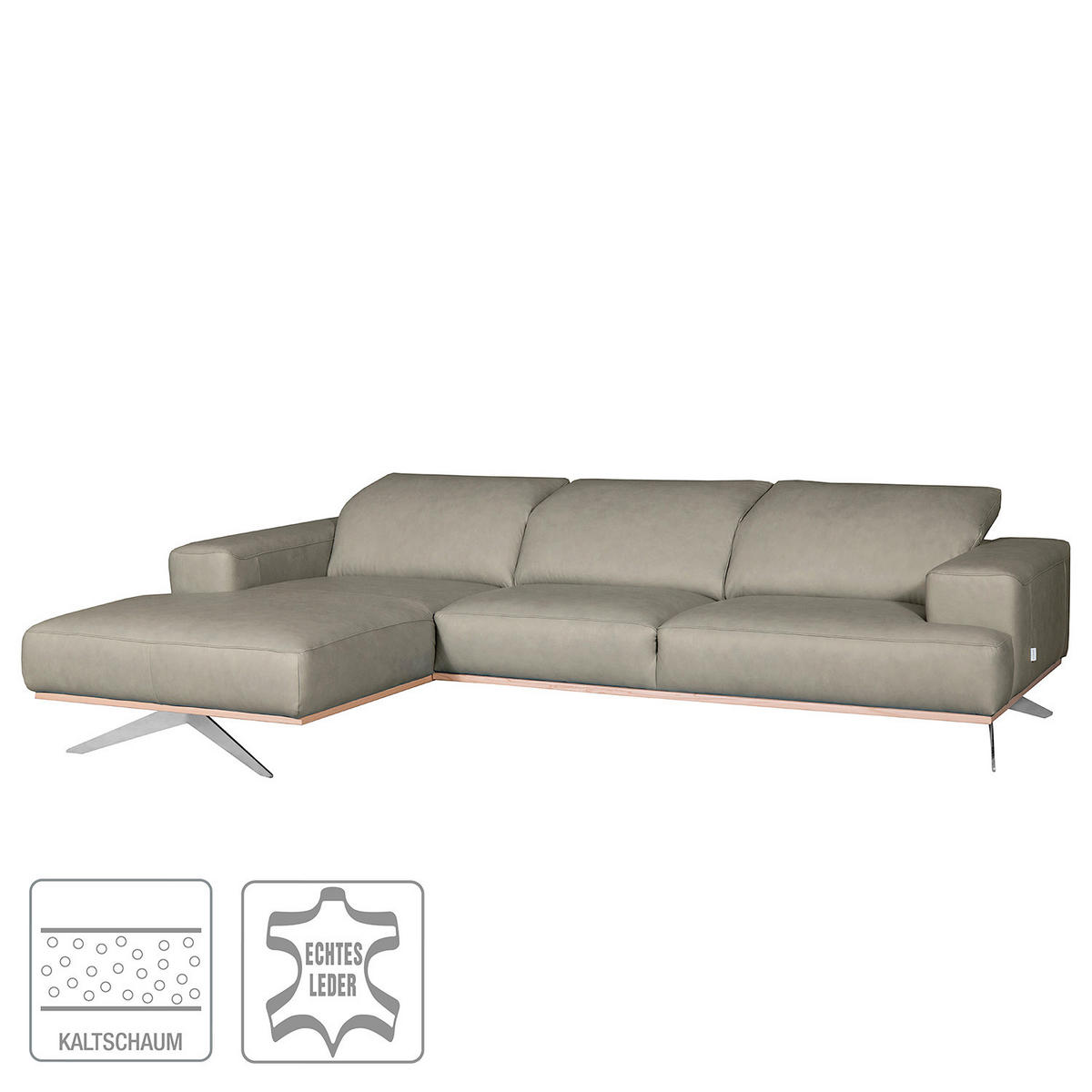 ECKSOFA Grau Echtleder Rücken echt, Kopfteilverstellung  - Chromfarben/Grau, Design, Leder/Metall (187/295cm) - Livetastic