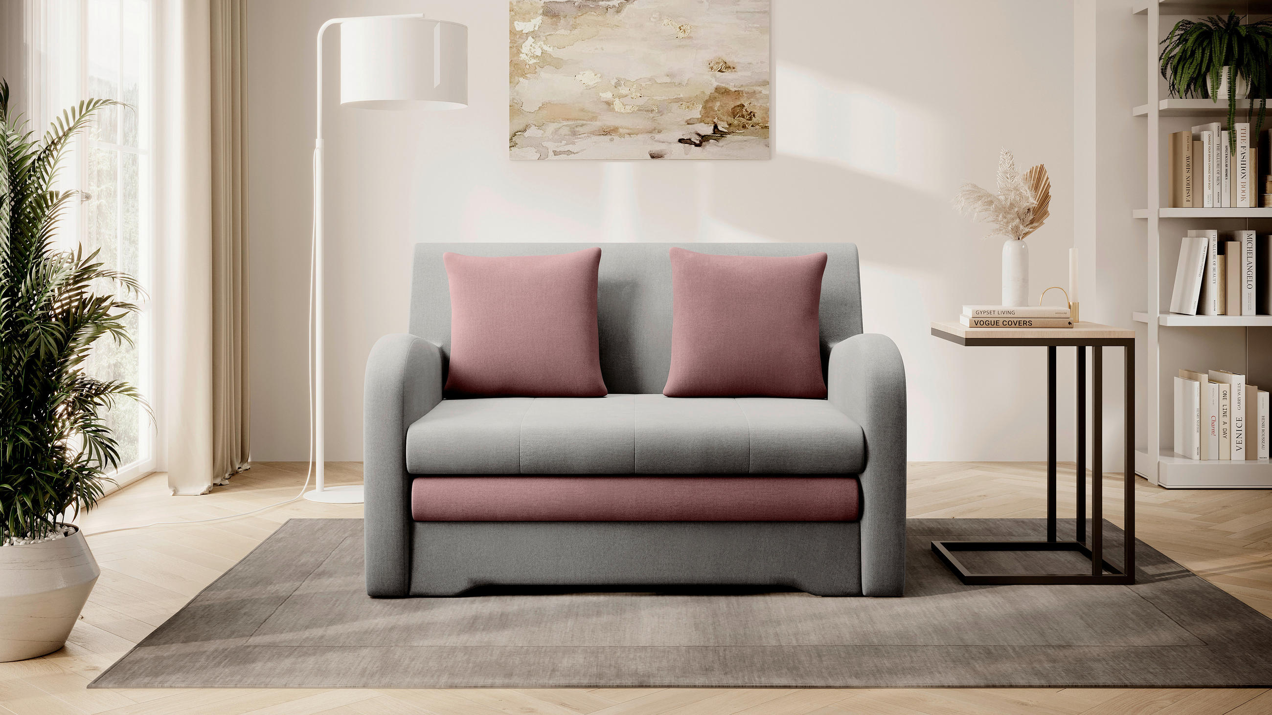 SCHLAFSOFA  in Samt Rosa, Hellgrau  - Hellgrau/Schwarz, Design, Kunststoff/Textil (244/97/97cm) - MID.YOU
